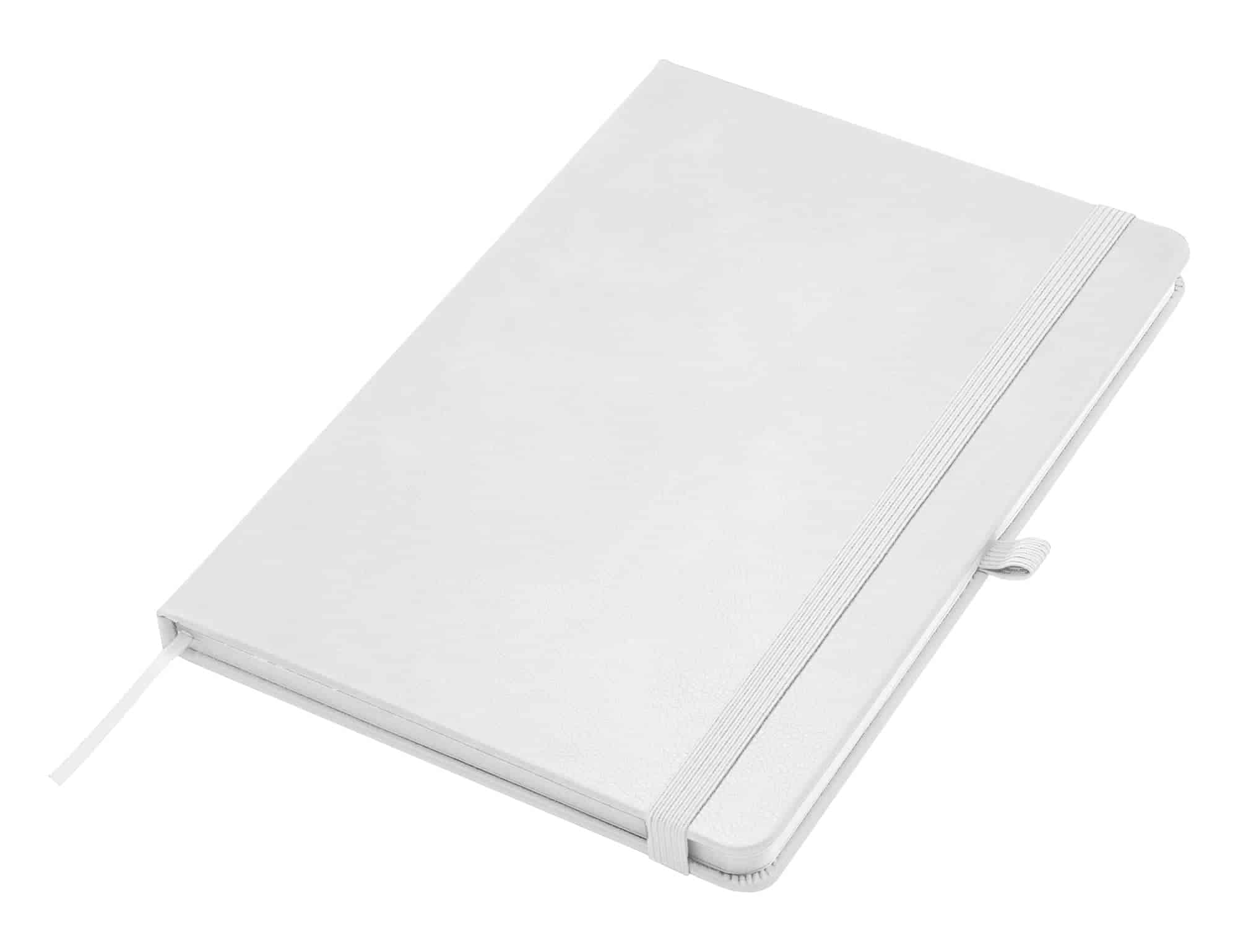Apex A5 Notebook in white, featuring a flexible cover, elastic band closure, and ribbon bookmark.
