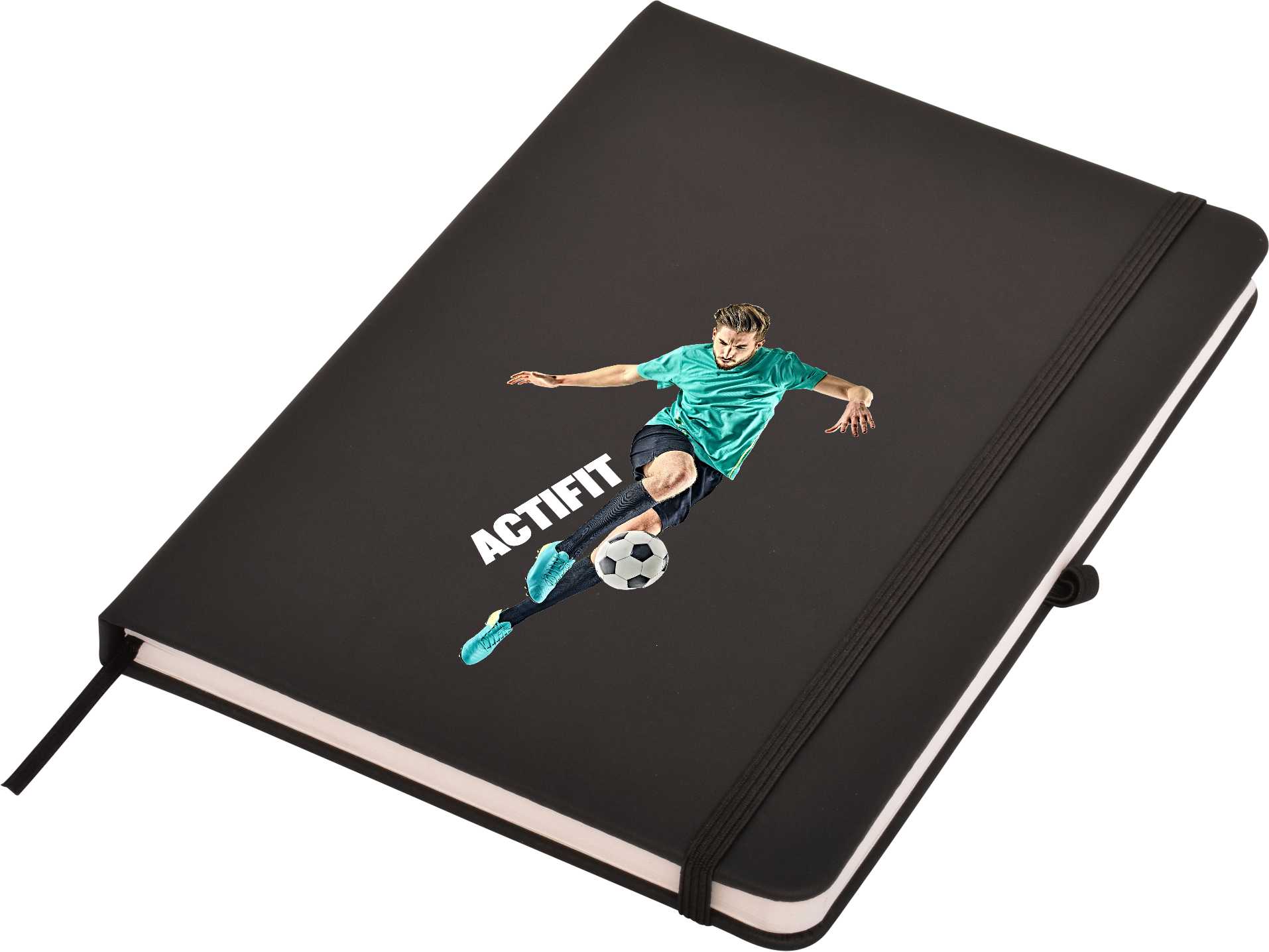 A black A5 notepad featuring a football-themed design of a player in action, with an elastic closure and band.
