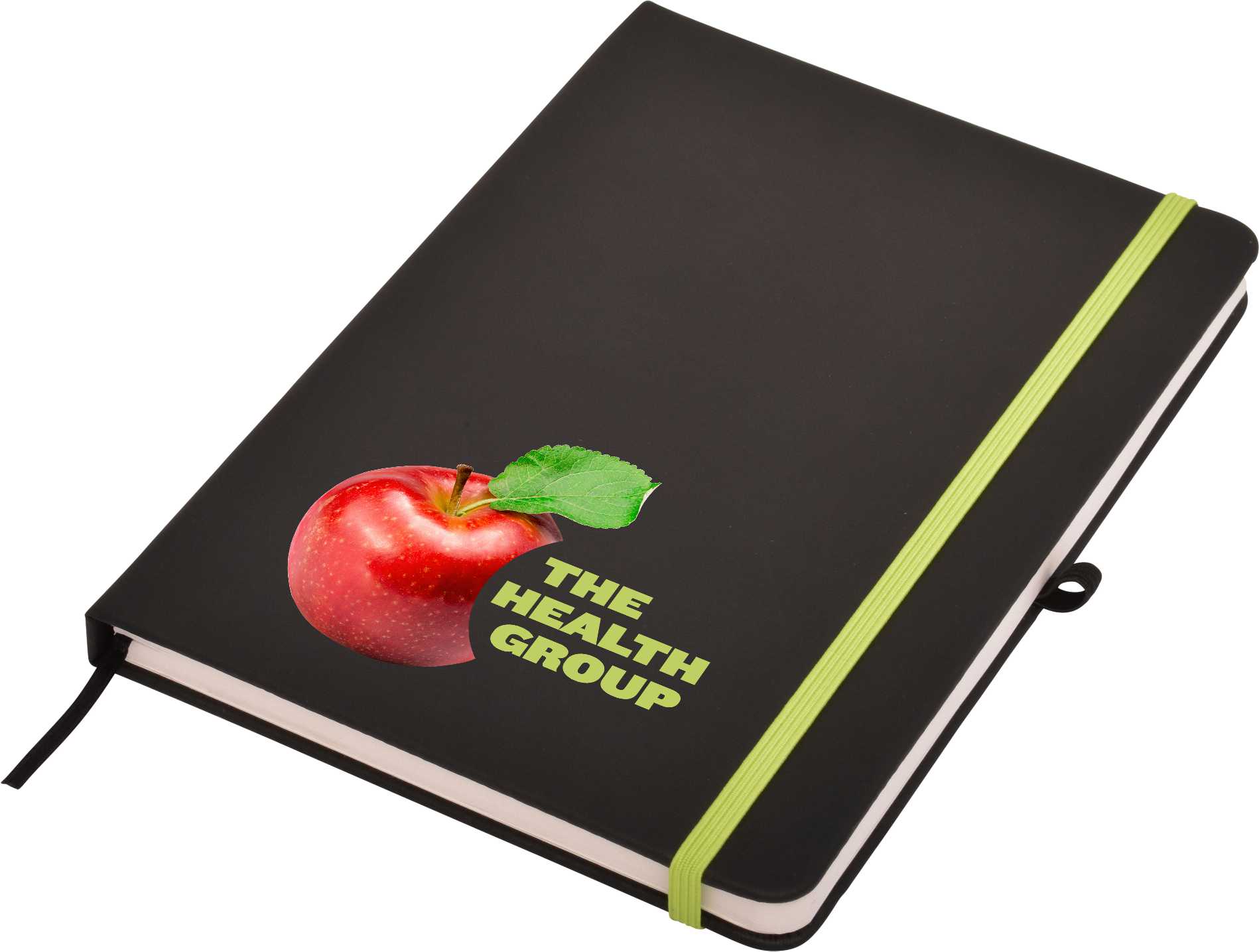 A black A5 notepad with a green elastic band and a logo featuring a red apple.