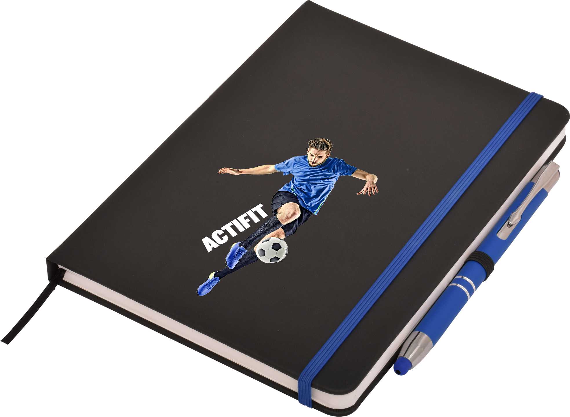 A black A5 notepad featuring a soccer player graphic, accompanied by a blue pen and elastic band.