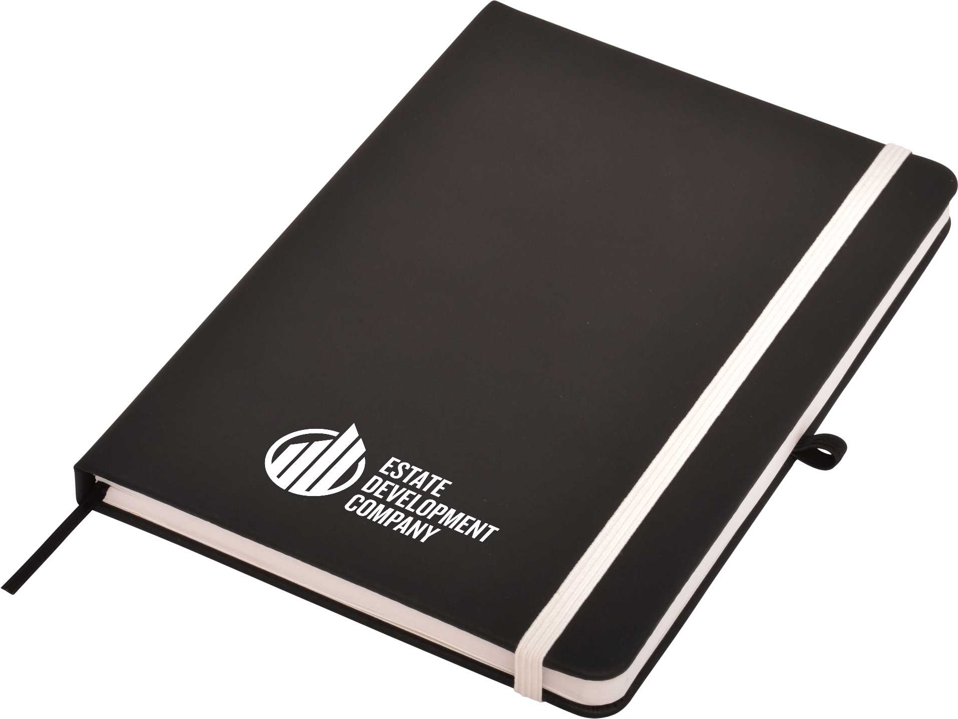 A black A5 notepad with a white elastic band and a logo on the cover.