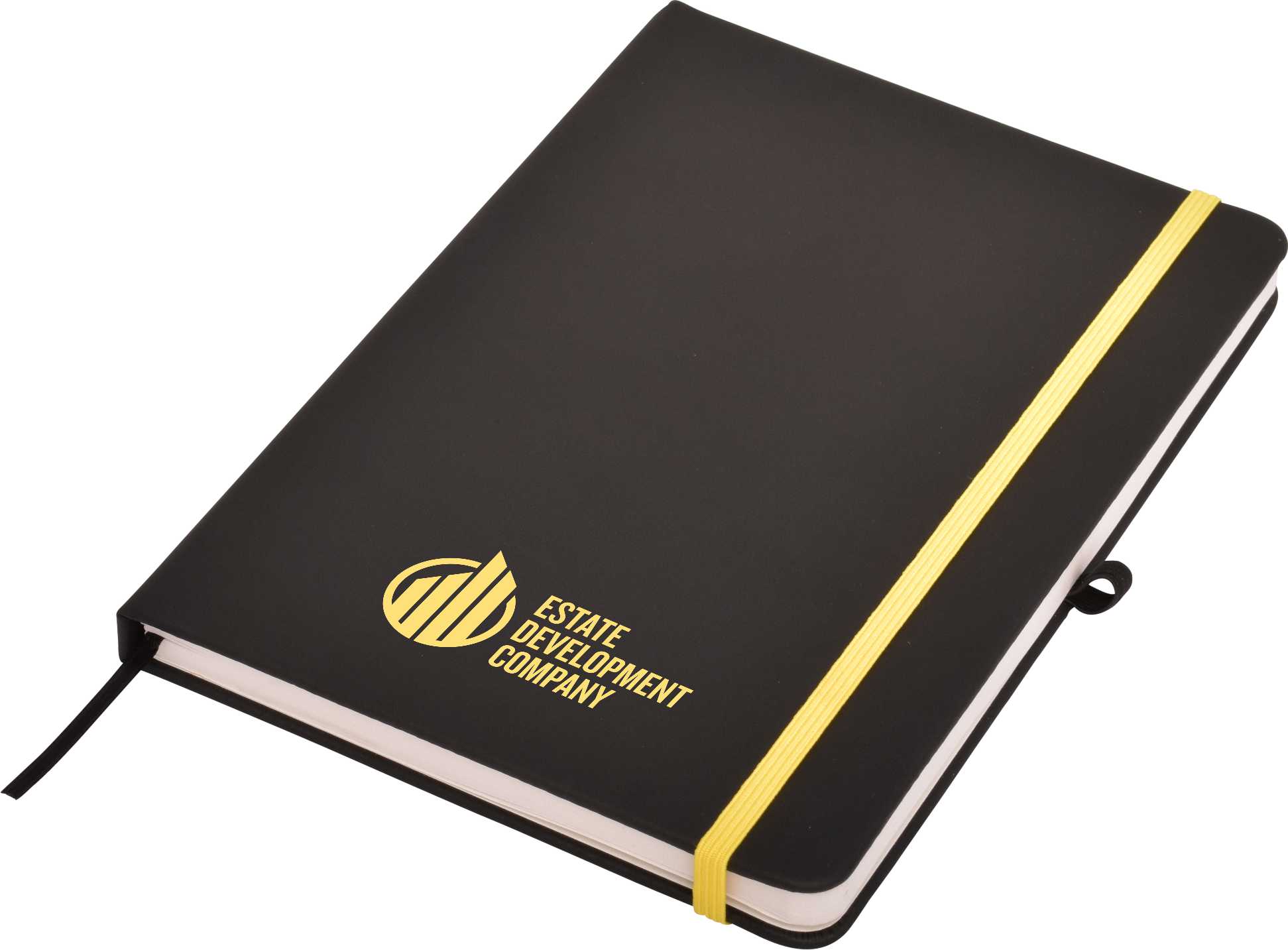 A black A5 notepad with a gold elastic band and a logo on the cover.