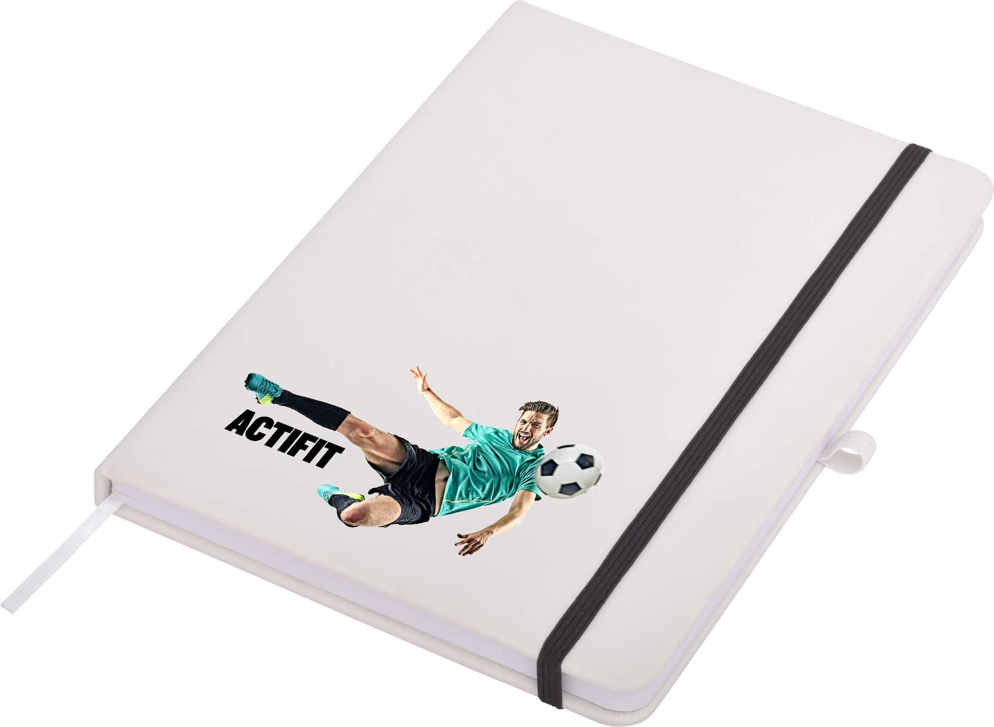 A white A5 notepad with an image of a soccer player and a black elastic band. It features a logo on the front.