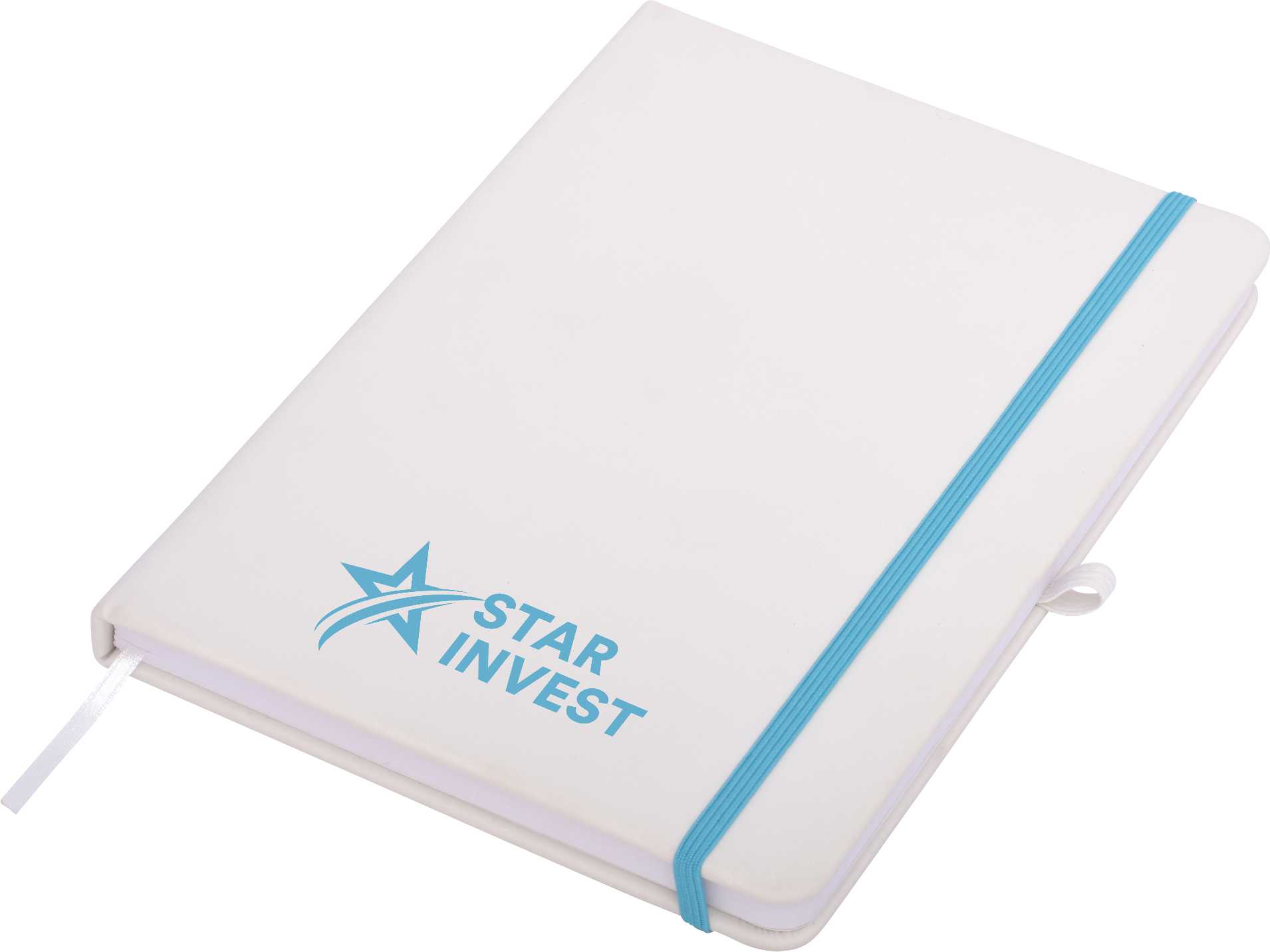 A white A5 notepad with a blue elastic band and a logo. The notepad is closed with a ribbon bookmark.