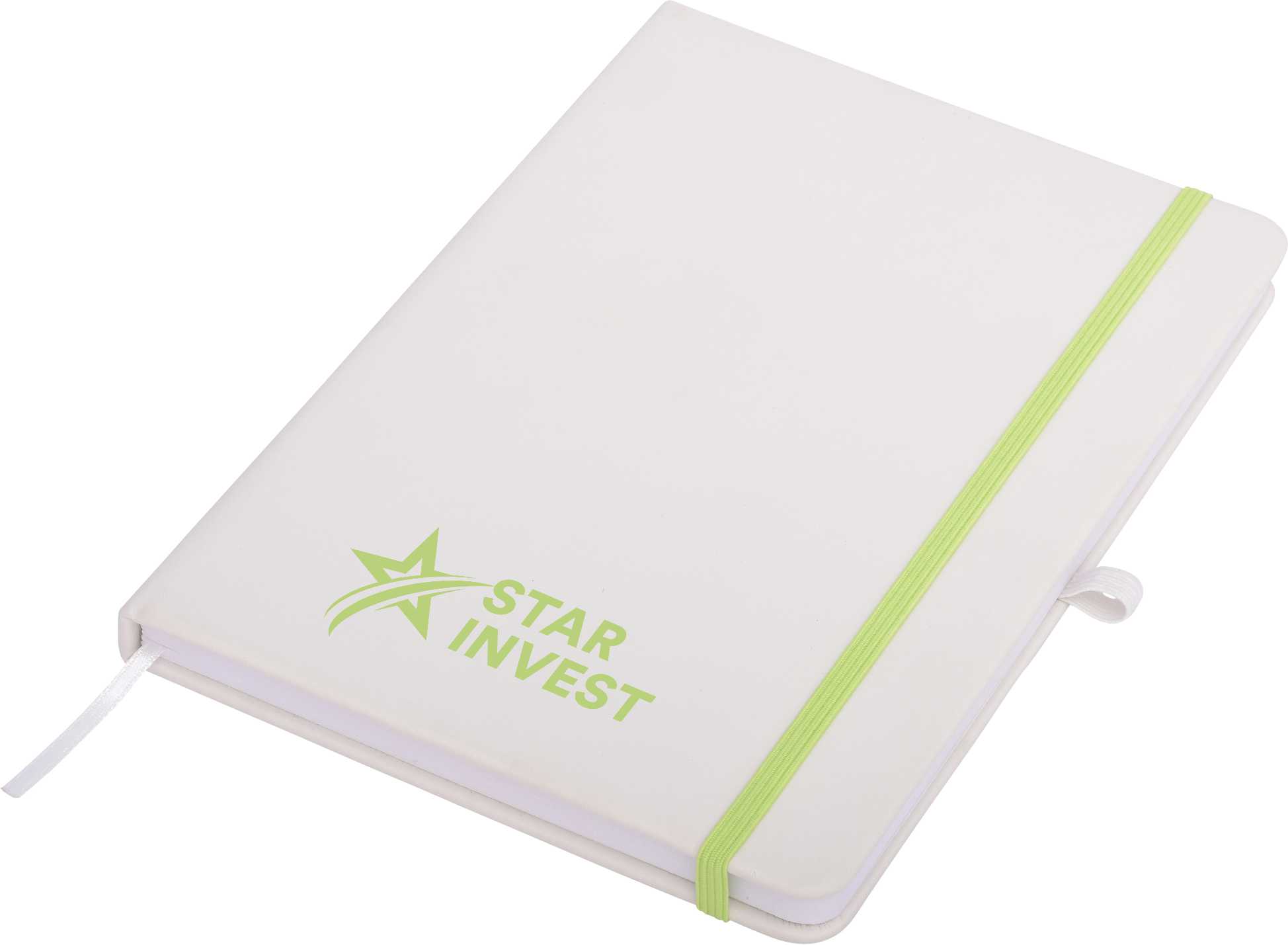 A white A5 notepad with a green elastic band and a logo on the cover.