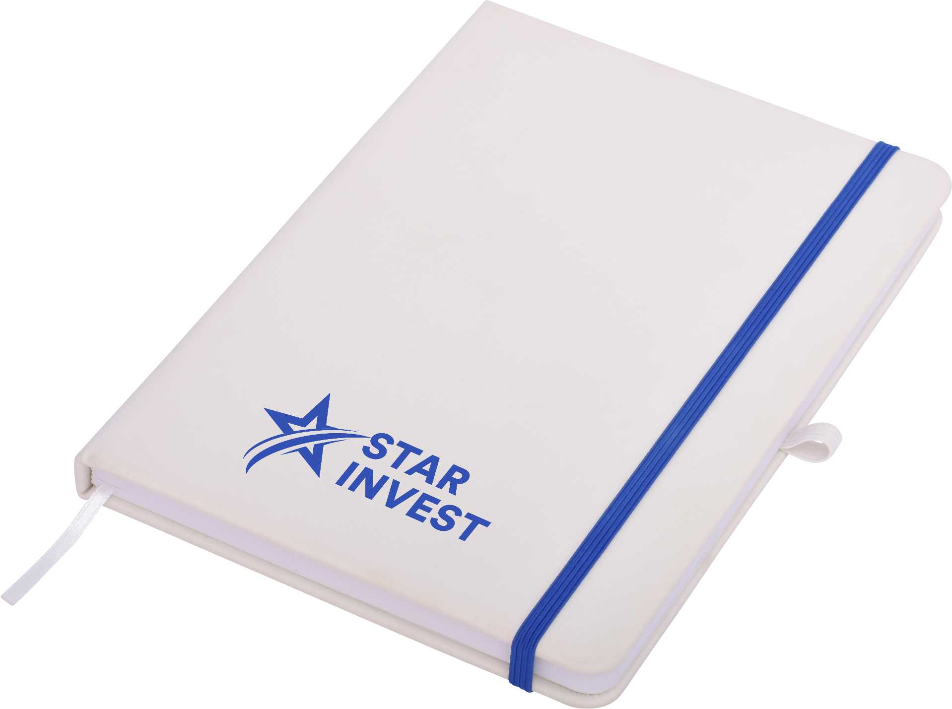 A white A5 notepad with a blue elastic band and a logo on the cover.
