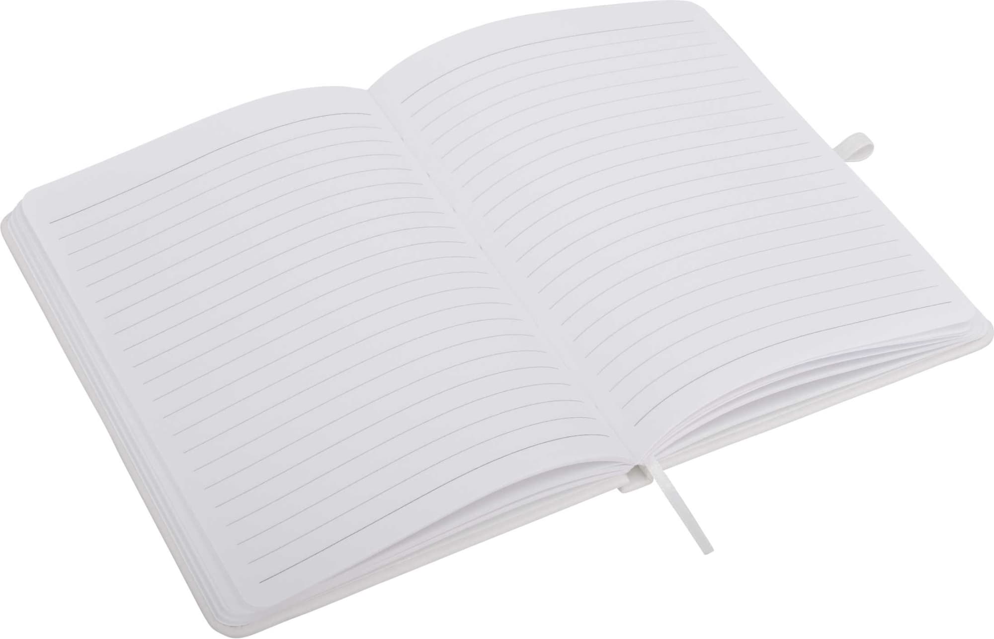 An open A5 notepad with lined pages, featuring a ribbon bookmark and a plain cover.