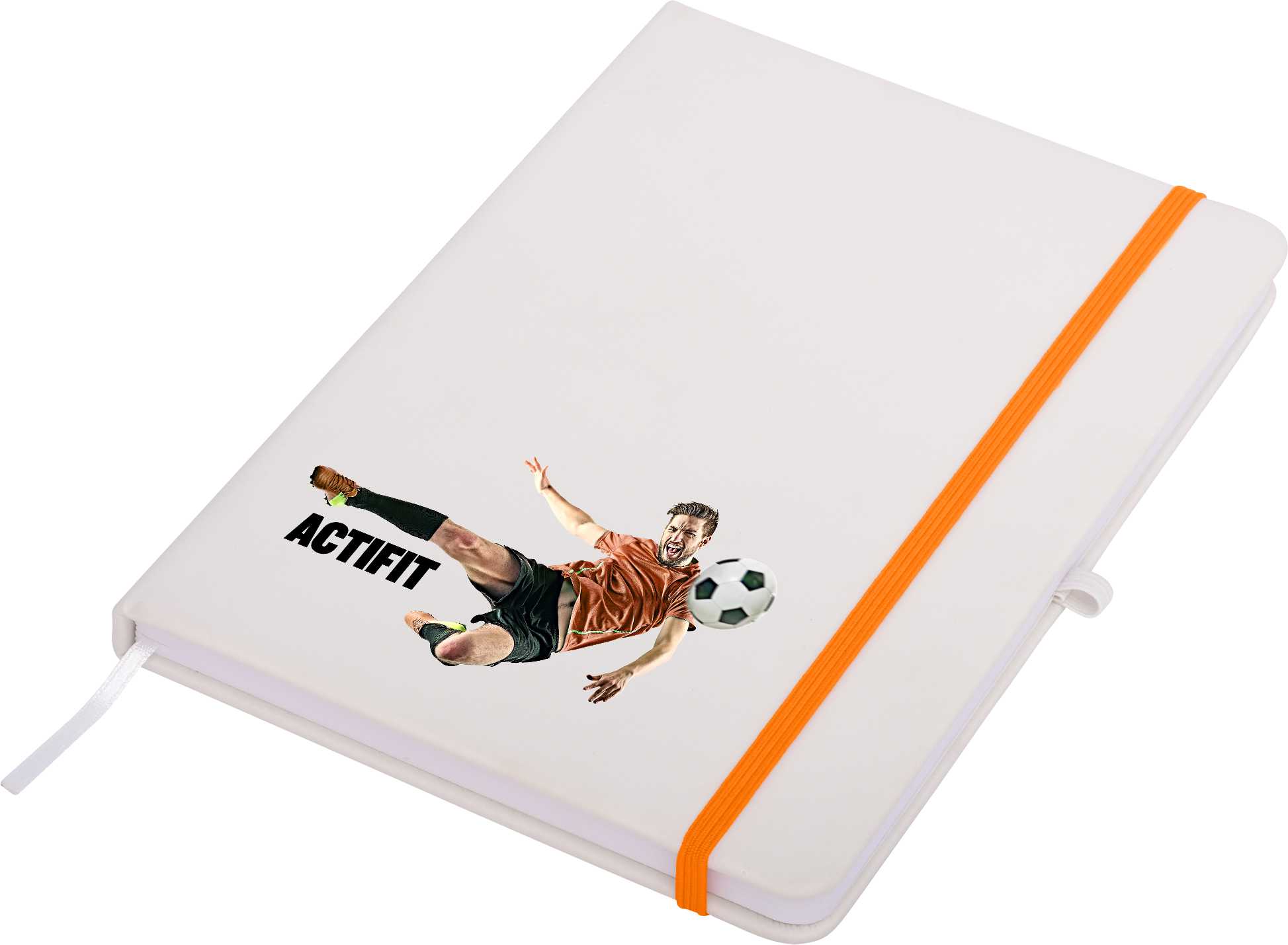 A white A5 notepad with an orange elastic band and a soccer player graphic, featuring a logo on the cover.