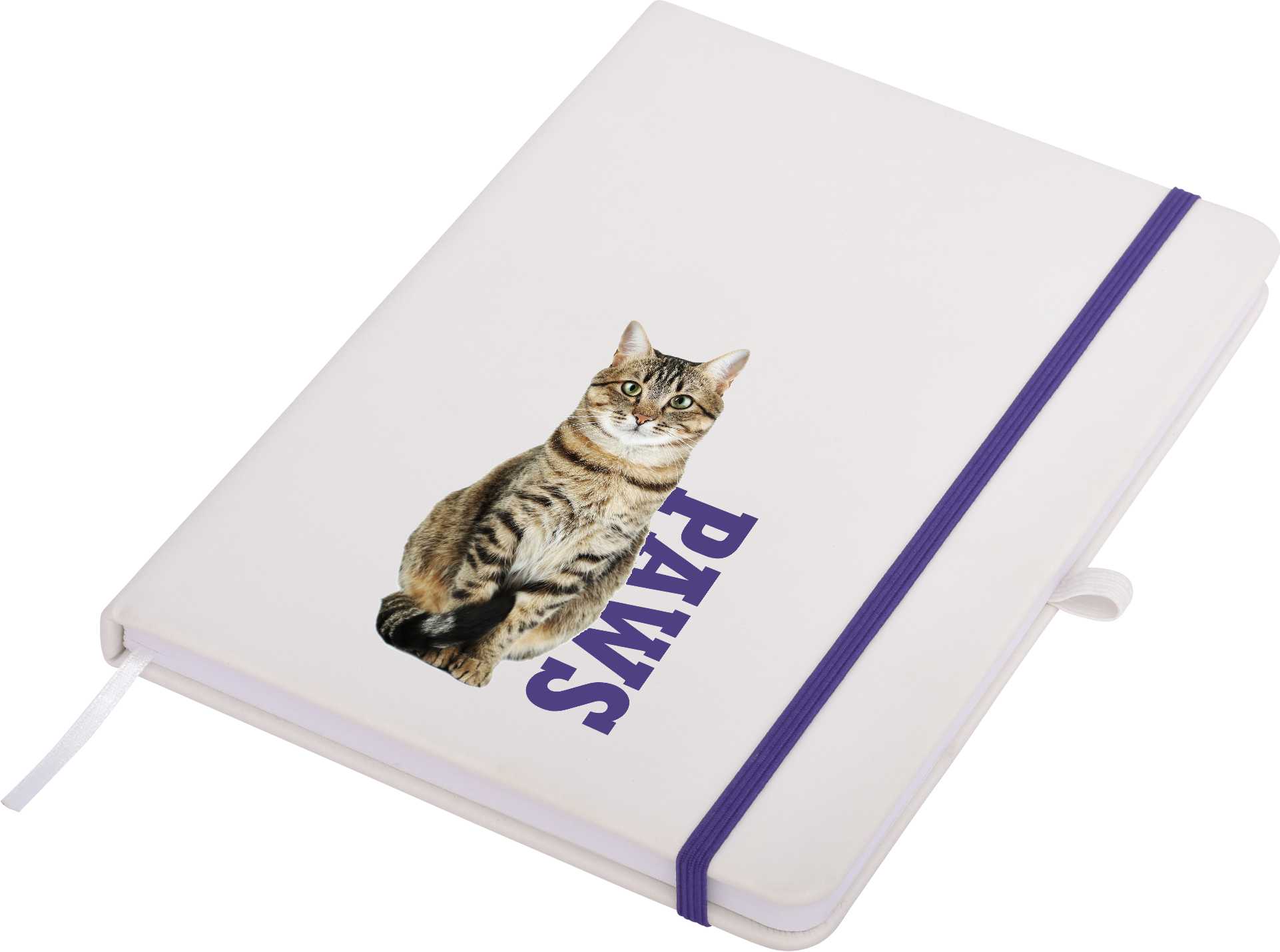 A white A5 notepad with an illustration of a cat and the word 