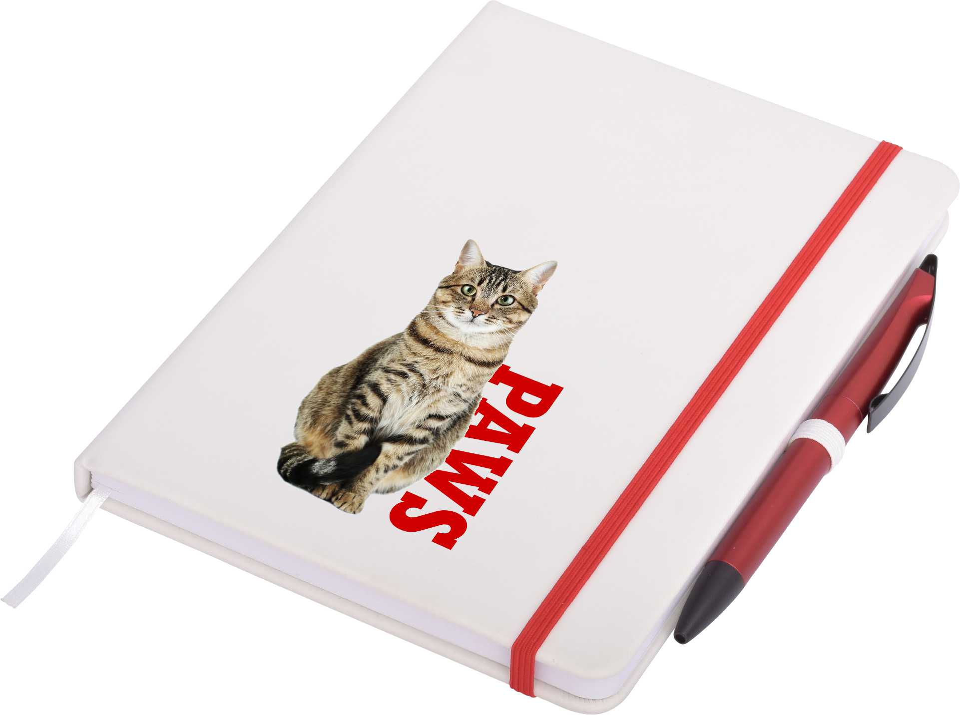A white A5 notepad featuring a cat illustration and red text, secured with a red elastic band and accompanied by a pen.