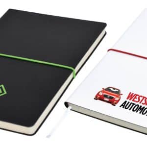 A black notepad with a green logo and a white notepad with a red elastic band and a pen, featuring a logo.