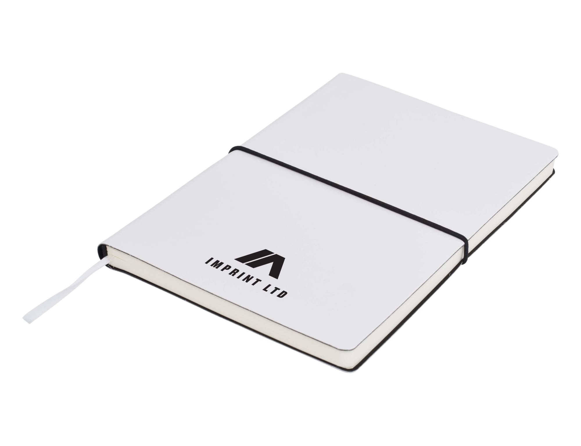 A white A5 notepad with a black elastic band and a logo on the cover. The pages are blank inside.