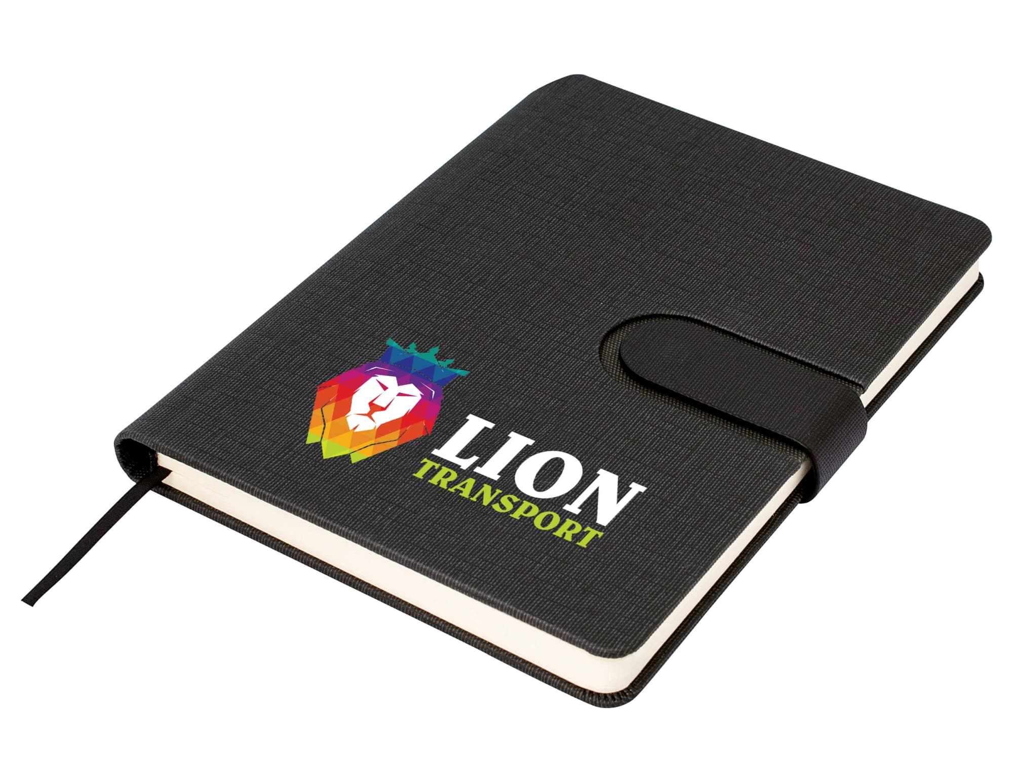 A black A5 notebook with a textured cover, featuring a logo and an elastic strap closure.