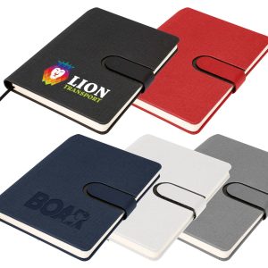 A set of A5 notebooks in red, navy, grey, and white, featuring discreet logo designs and elastic closures.