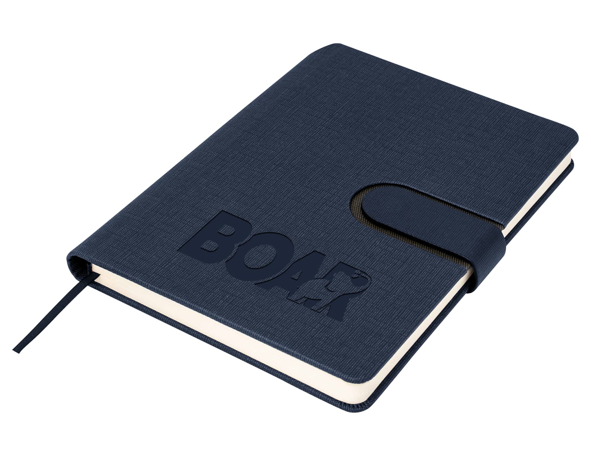 A navy A5 notebook with a textured cover, featuring an embossed logo and an elastic closure.