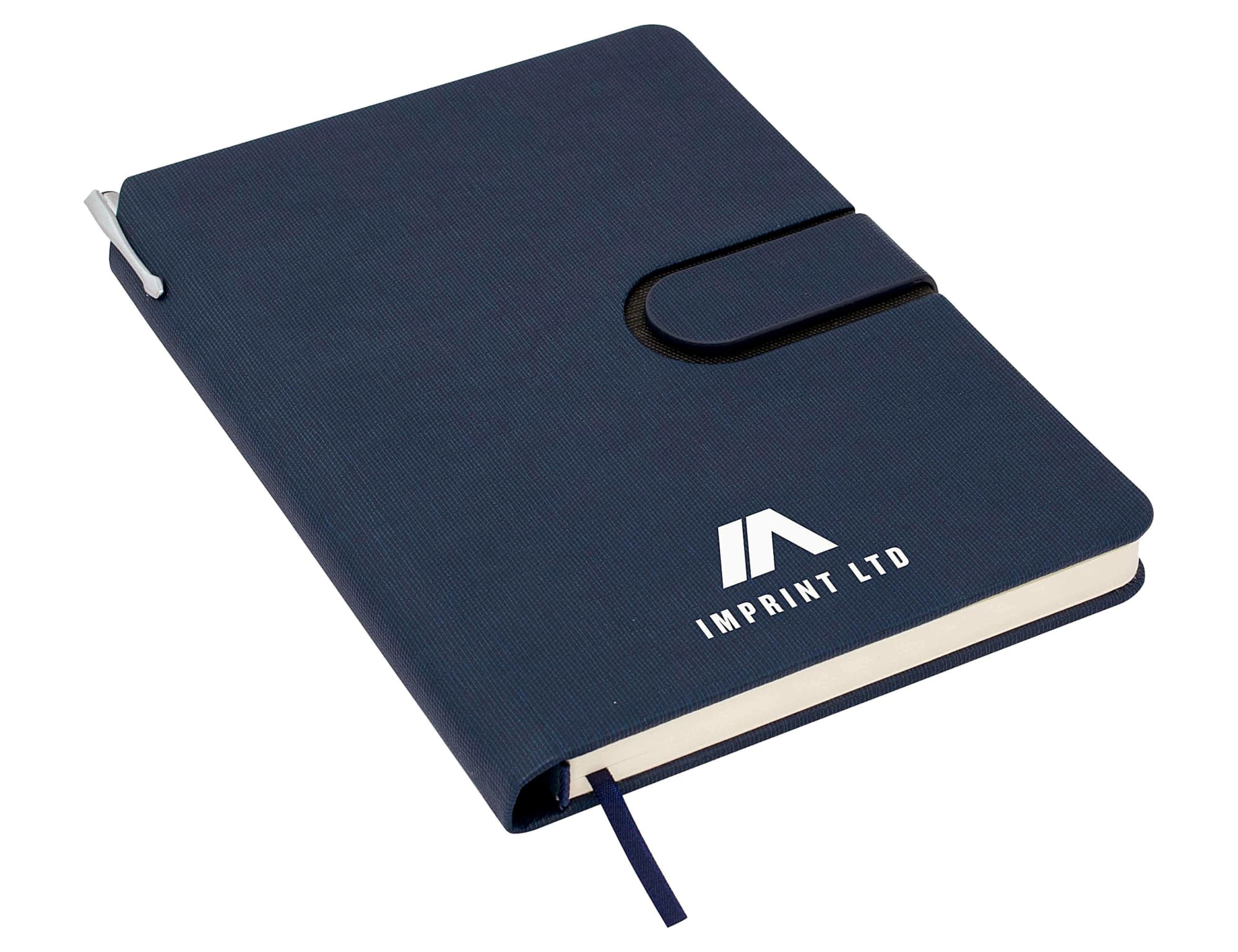 A navy A5 notebook with a textured cover, an elastic band, and a ribbon bookmark. It features a logo on the front.