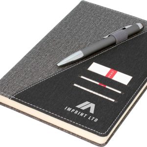 A black and grey A5 notebook featuring a pen, card slots, and a logo on the cover.