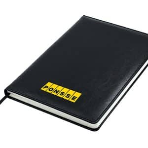 A black A5 notebook with a textured cover and a ribbon marker, featuring a logo on the front.