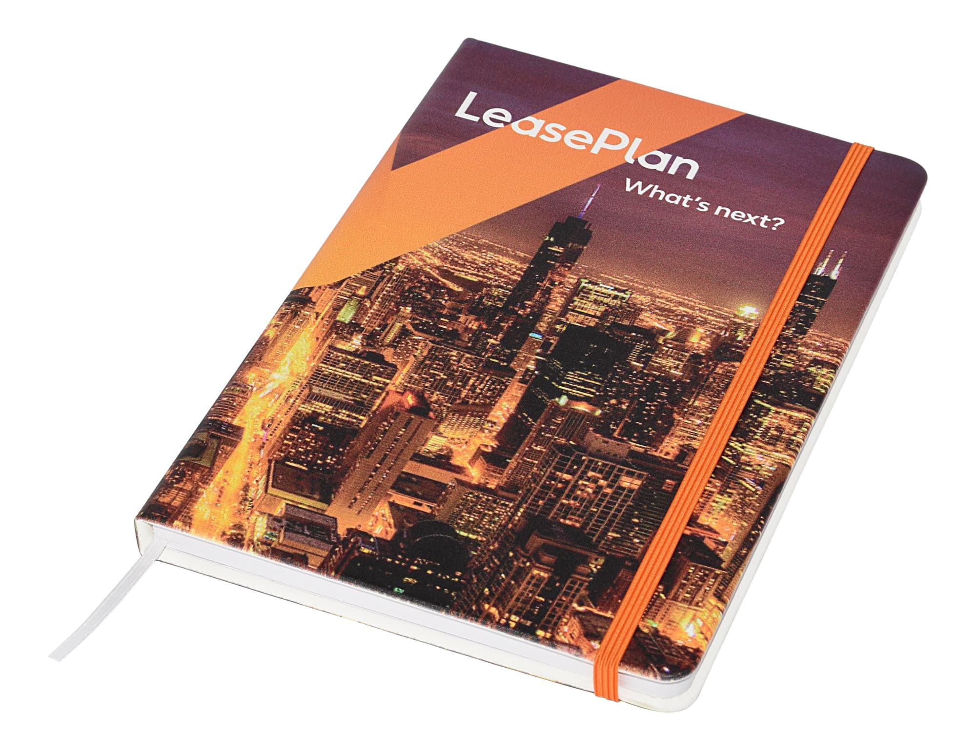 A full-colour A5 notebook featuring a city skyline design, with an elastic band and a ribbon bookmark.