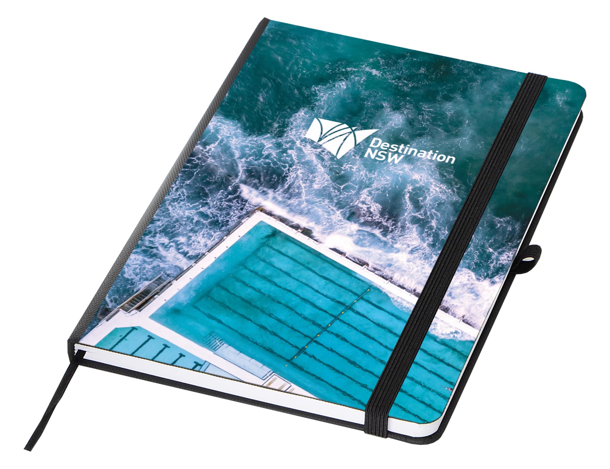 A green and blue A5 notebook with a beach pool design and a logo on the cover. It features an elastic band closure.