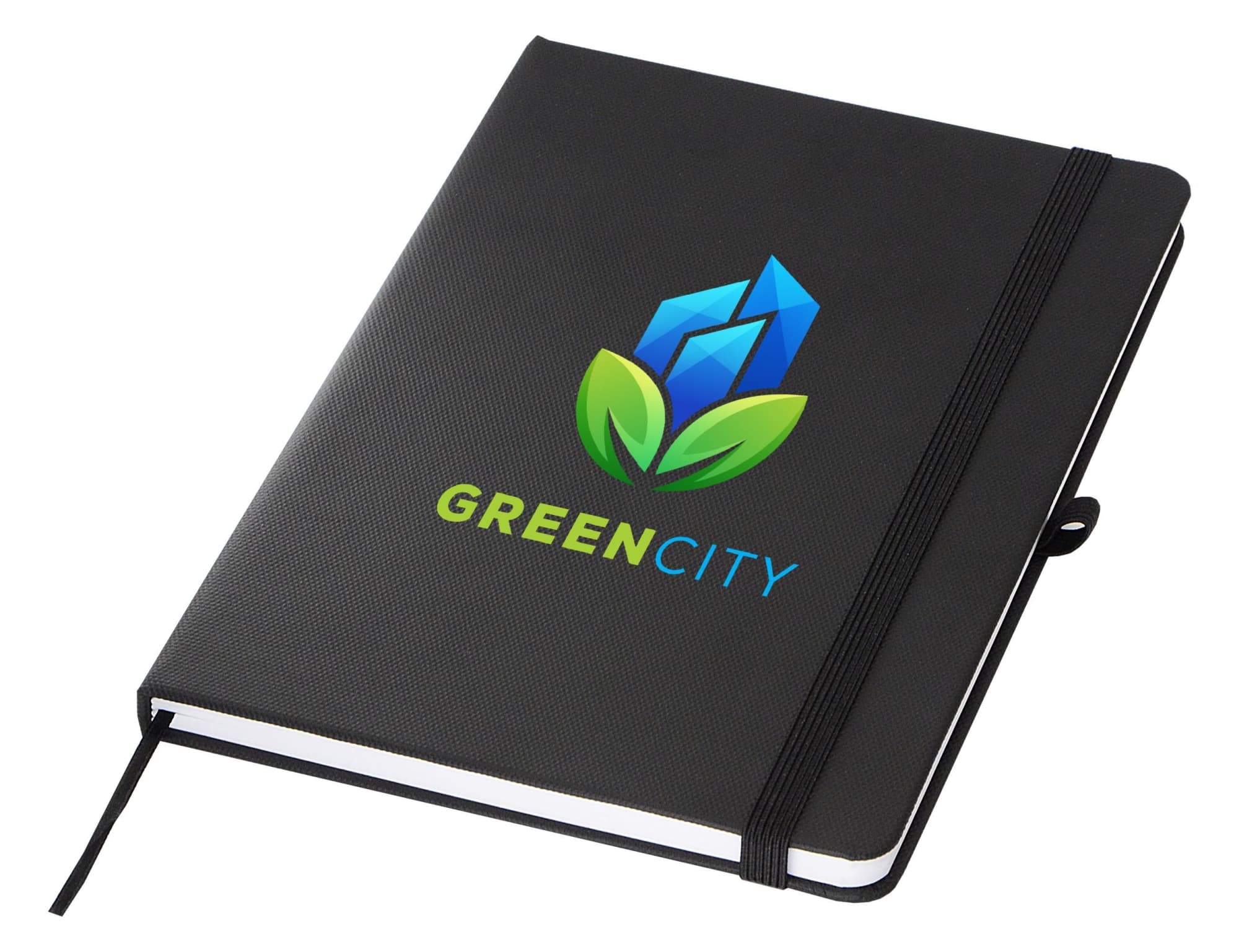 A black A5 notebook with a logo on the cover and an elastic band closure.