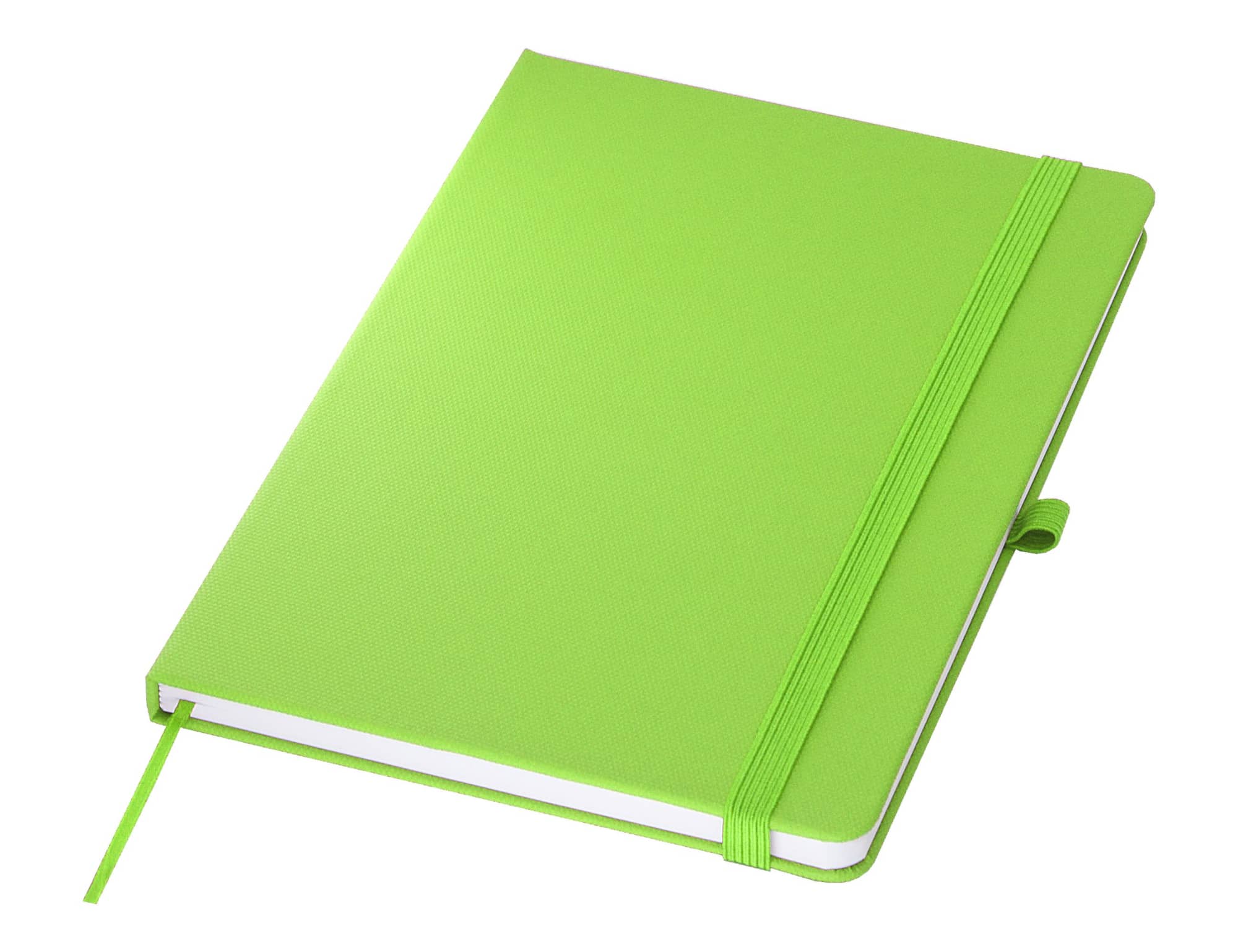 A bright green A5 notebook with a textured cover and an elastic closure, featuring a bookmark ribbon.