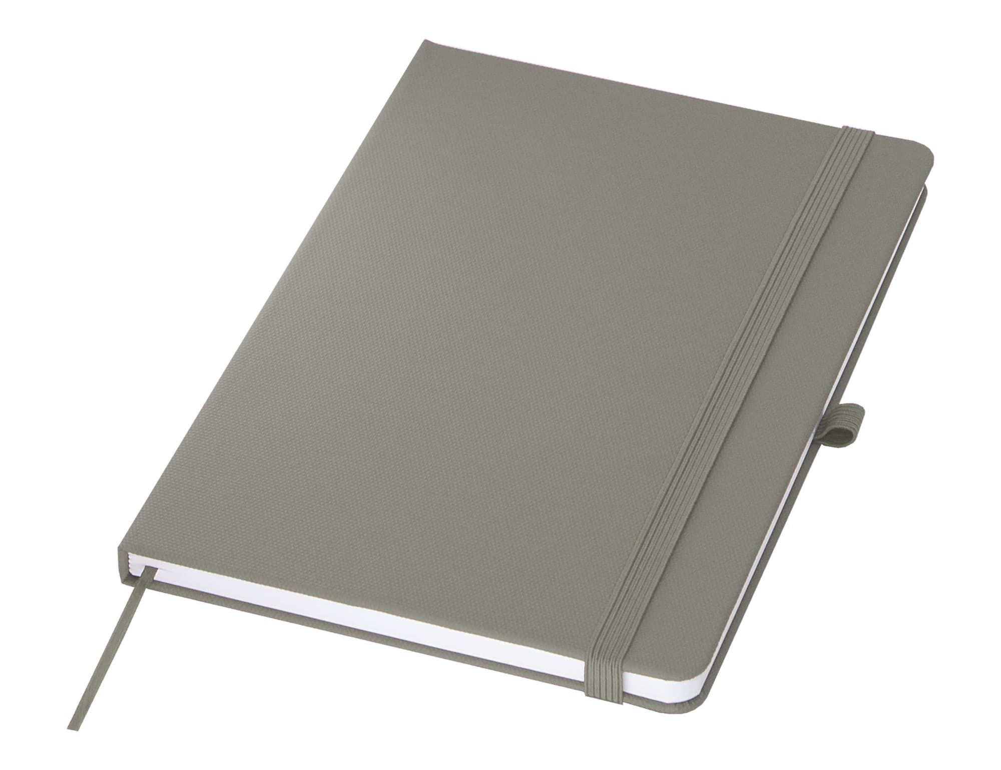 A green A5 notebook with a textured cover, elastic band closure, and a ribbon bookmark. It features a logo on the cover.