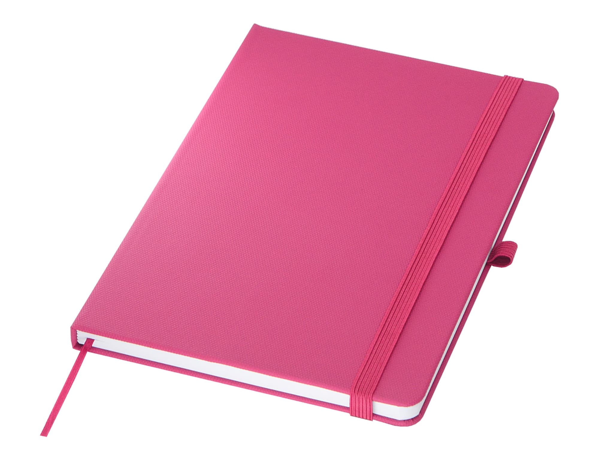 A pink A5 notebook with a textured cover, featuring an elastic band and a ribbon bookmark. It has a logo on the cover.