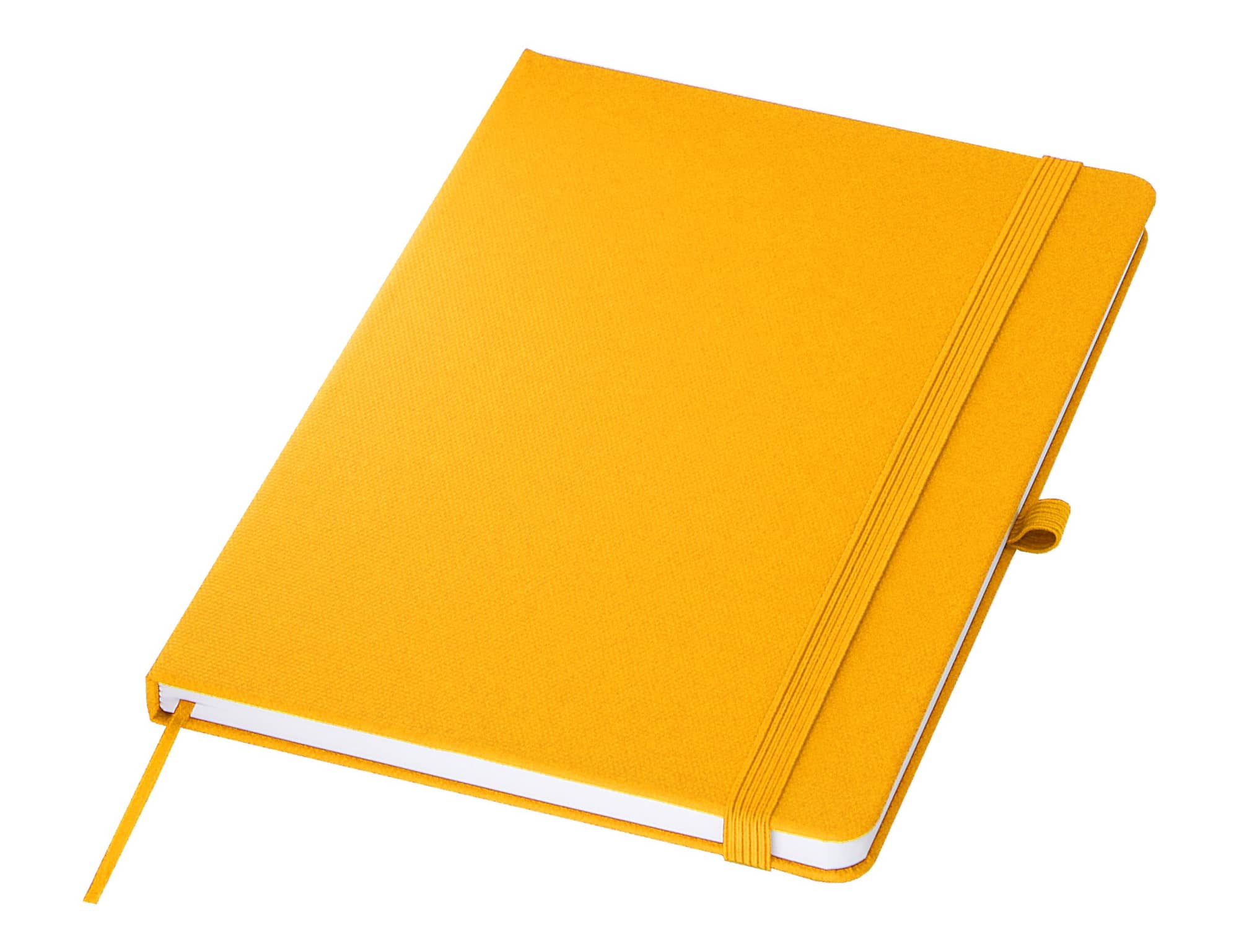 A yellow A5 notebook featuring a textured cover, an elastic band, and a ribbon bookmark. It includes branding.