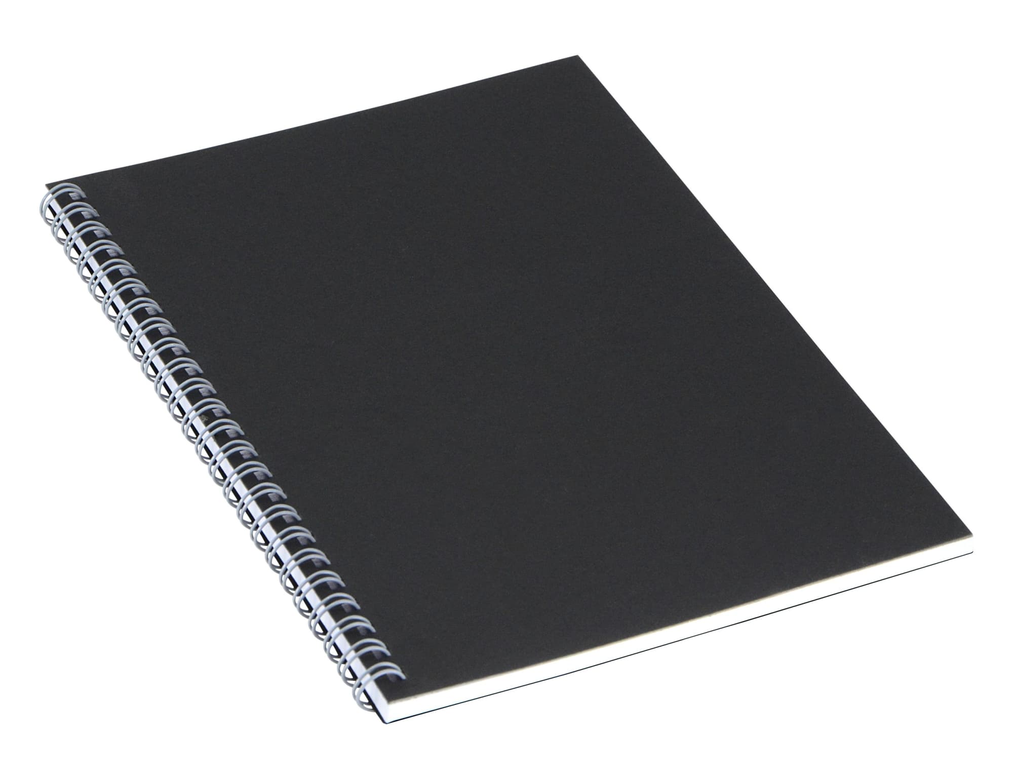 A black A5 spiral notebook with a white spiral binding, featuring a plain cover and no visible branding.
