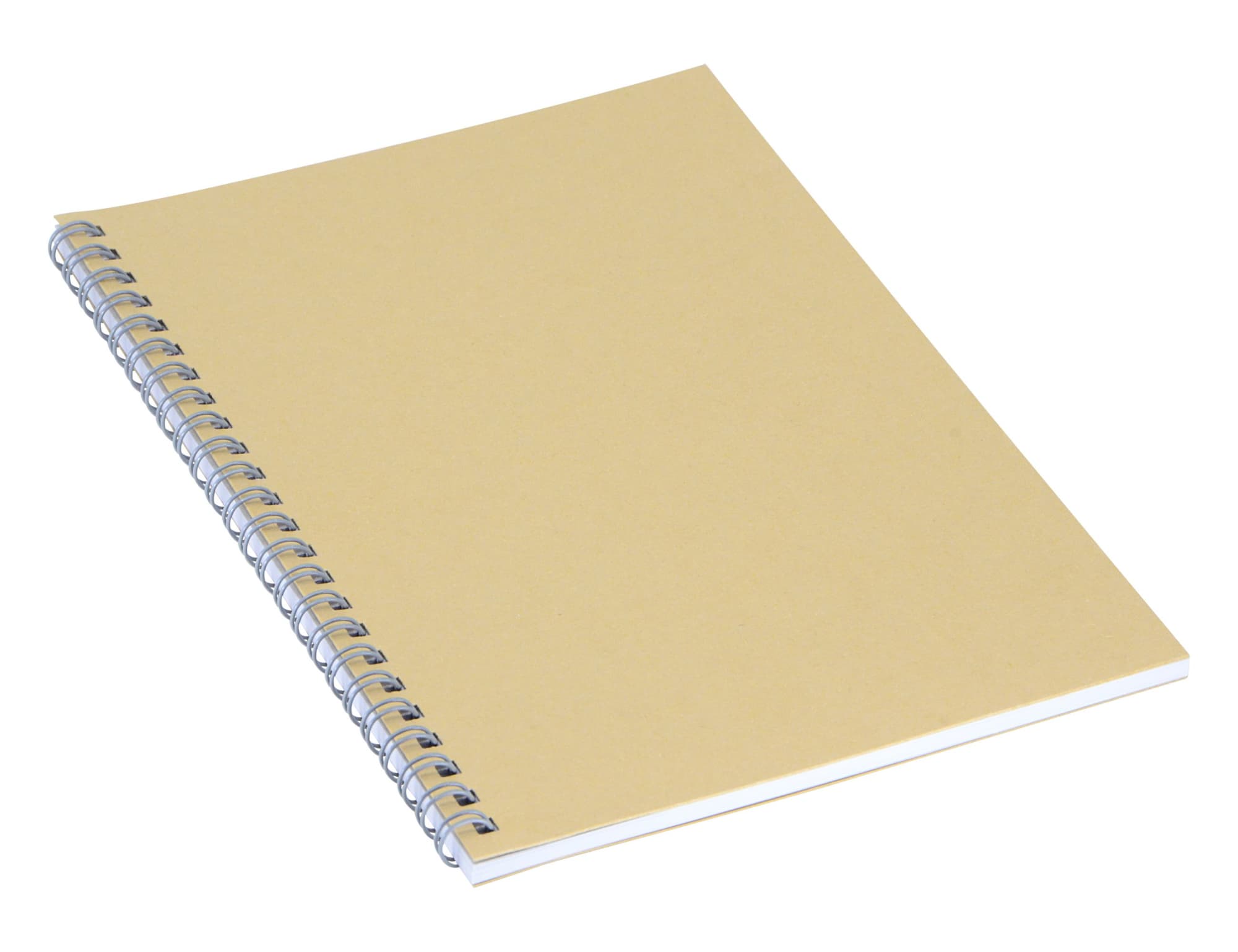 A yellow Eco Spiral A5 notebook with a spiral binding and plain pages, featuring a logo on the cover.