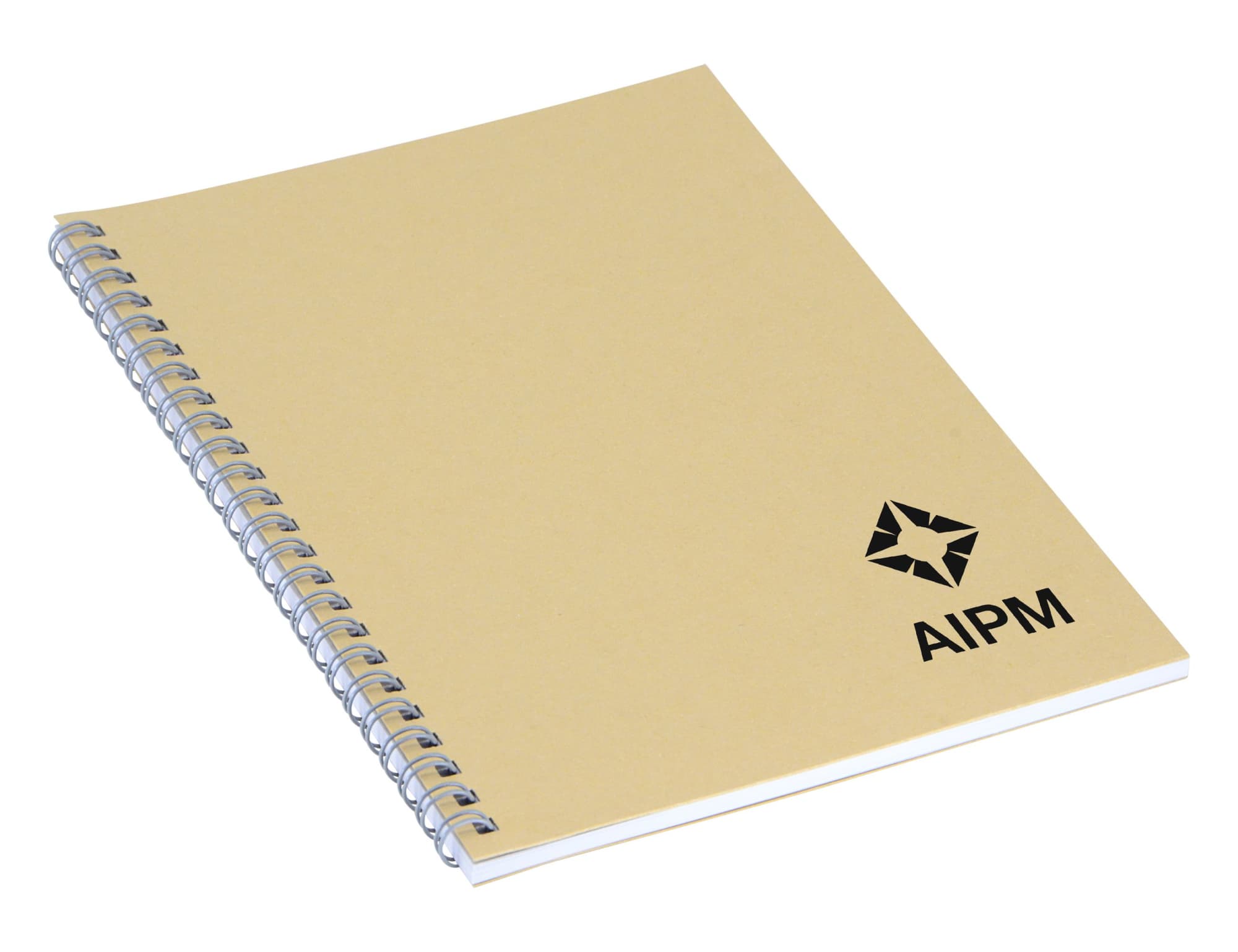 An A5 spiral-bound notebook with a beige cover and a logo on the front.
