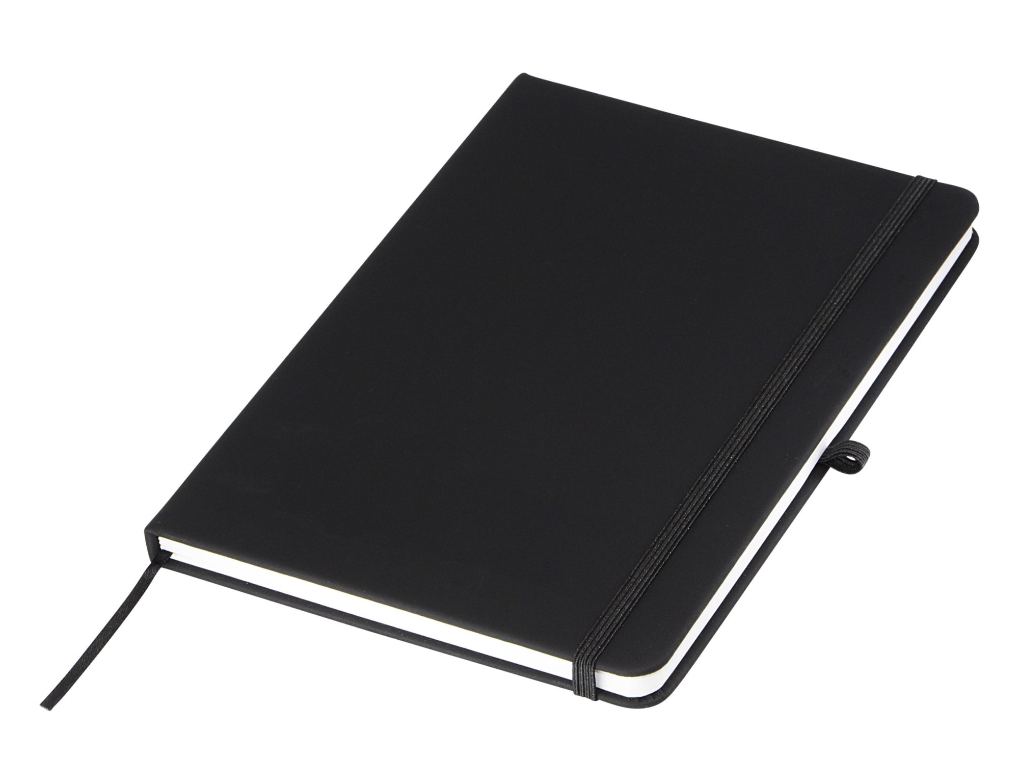 A black A5 notebook with an elastic closure and ribbon bookmark, featuring a simple design and branded logo.