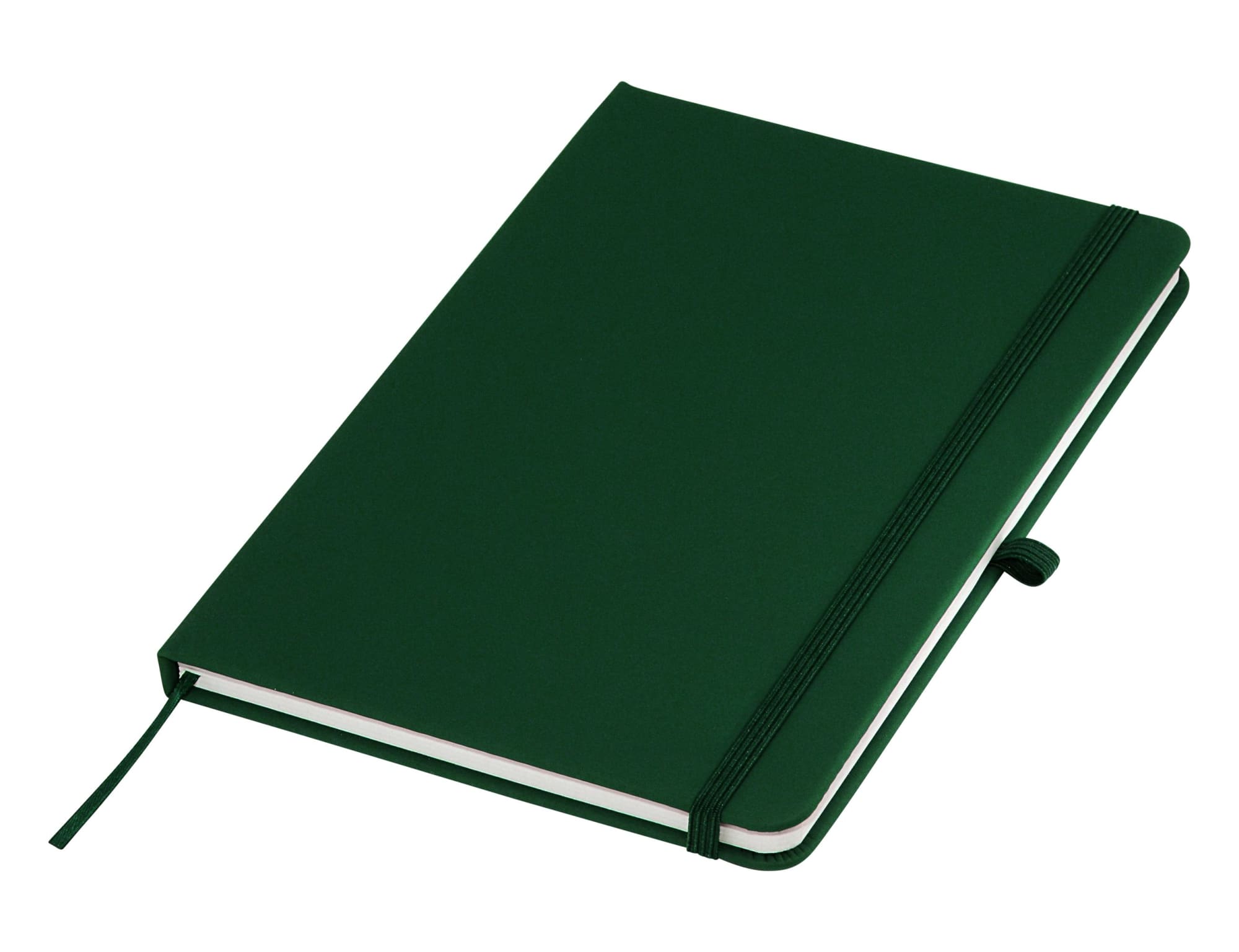 A dark green A5 notebook with a textured cover, elastic closure, and a ribbon bookmark. Features a logo on the cover.