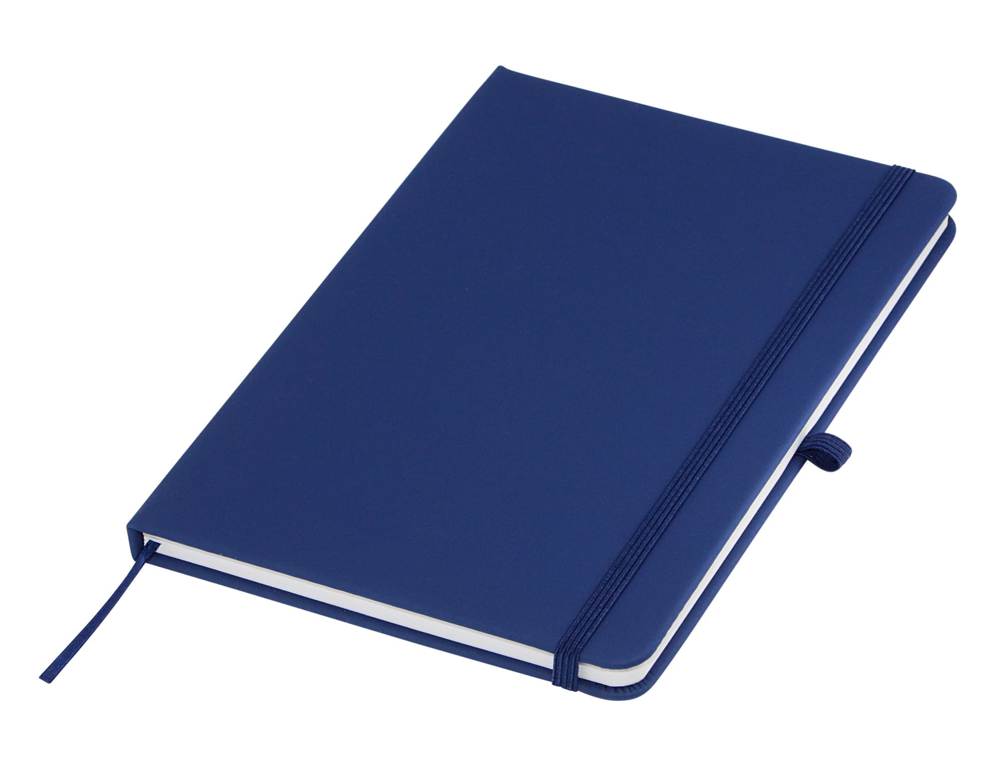 A navy blue A5 notebook with a textured cover, elastic closure, and ribbon bookmark, featuring a logo on the front.