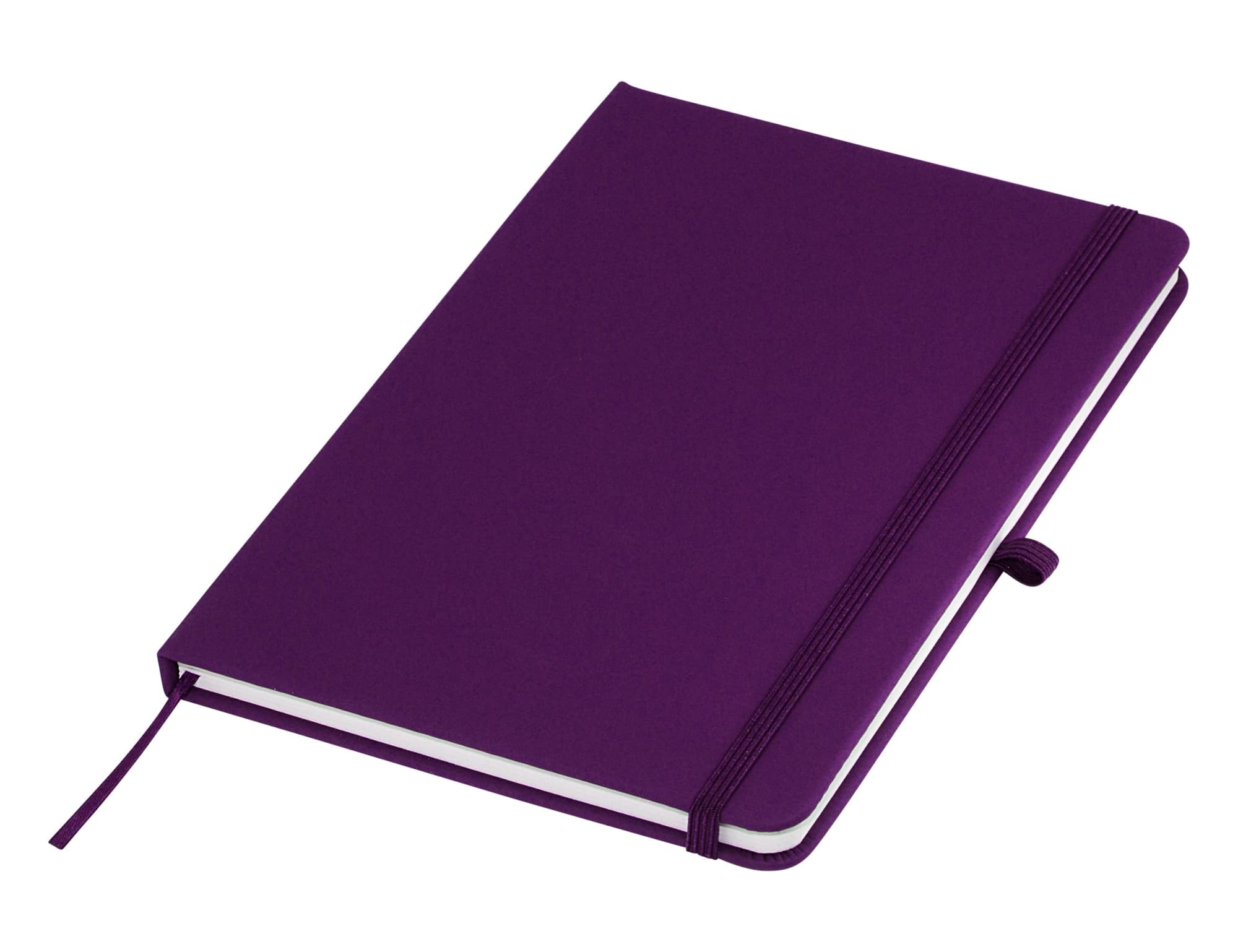 A purple A5 notebook with an elastic closure and a ribbon bookmark, featuring a logo on the cover.