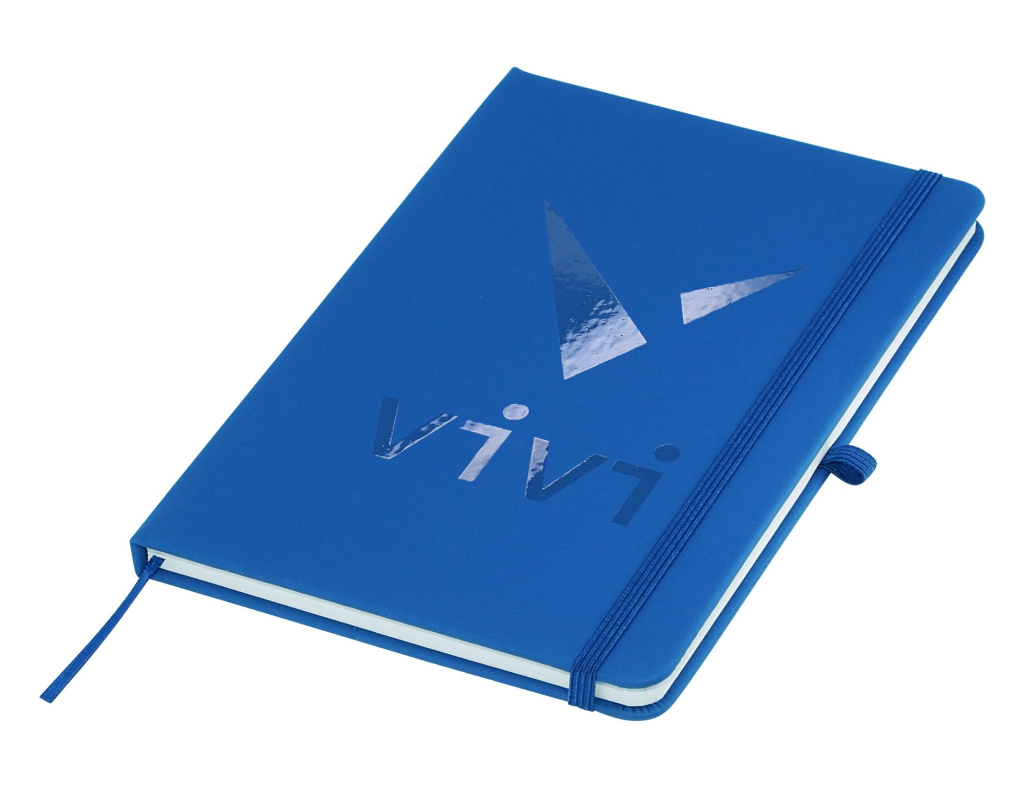 A blue A5 notebook with a glossy logo and an elastic closure, featuring a ribbon marker.