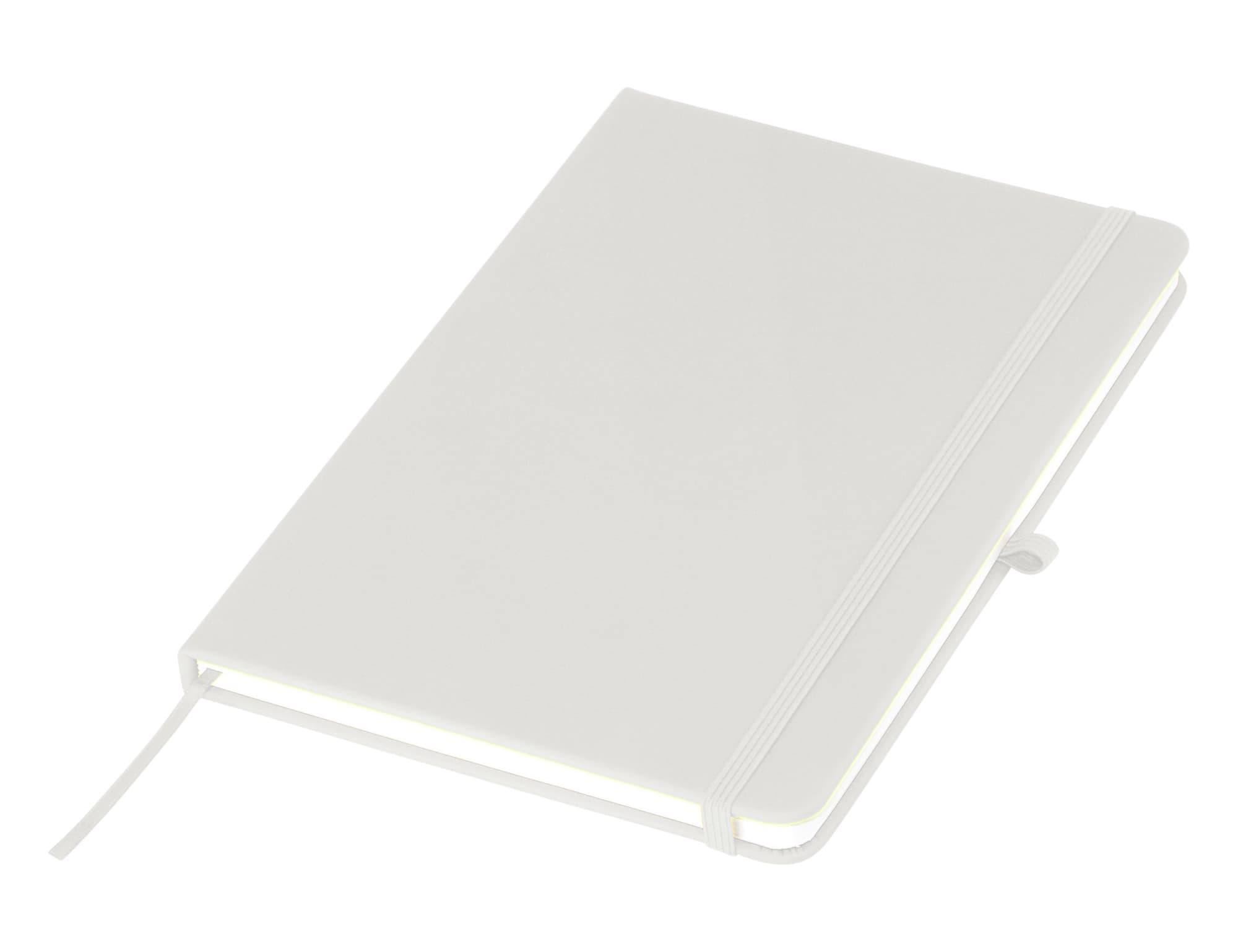 A white A5 notebook with an elastic closure, featuring a logo and a ribbon bookmark.