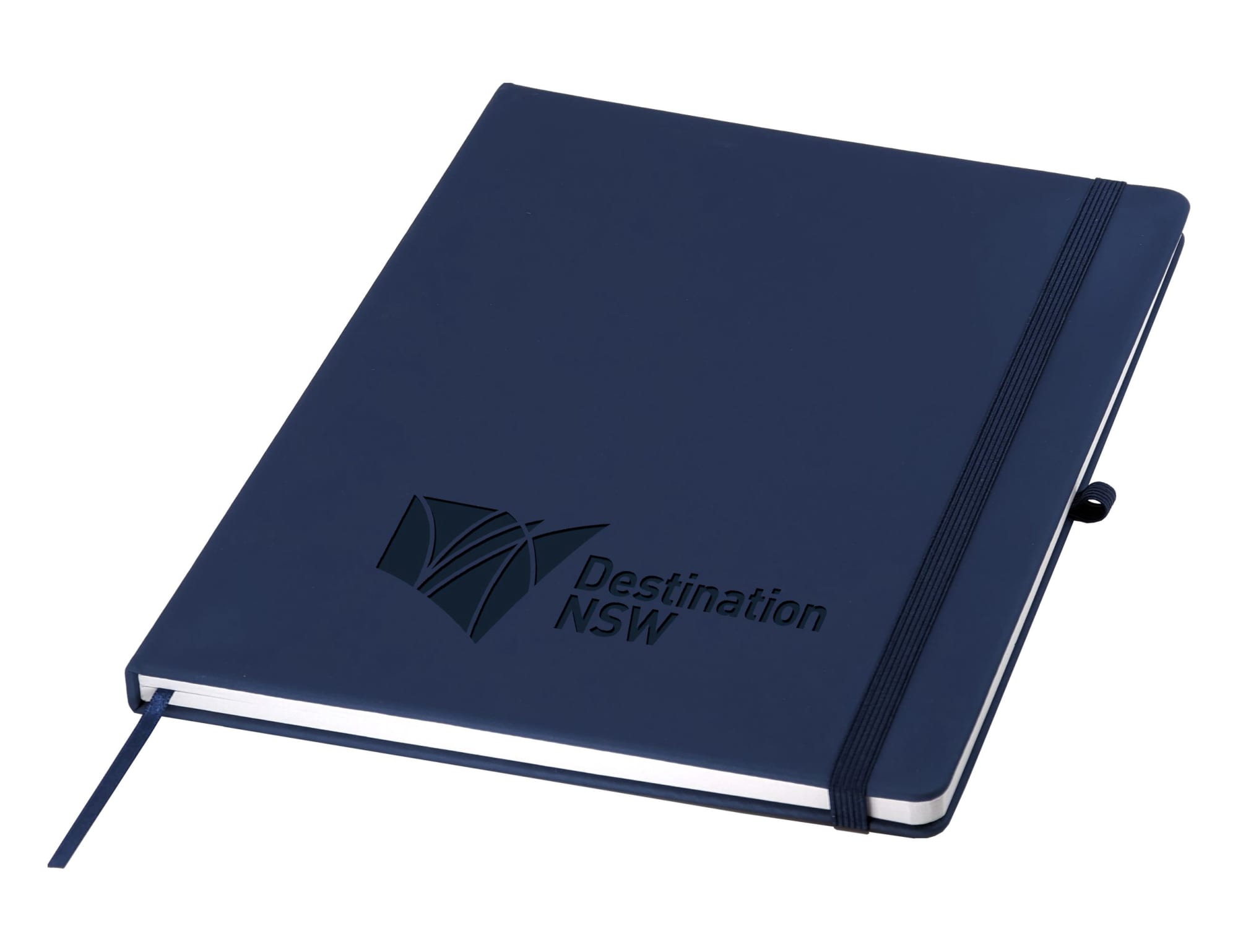 A navy A4 notebook with an elastic closure and a branded logo on the cover.