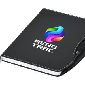 A black A5 notebook featuring a curved cover and a logo, with a pen attached.