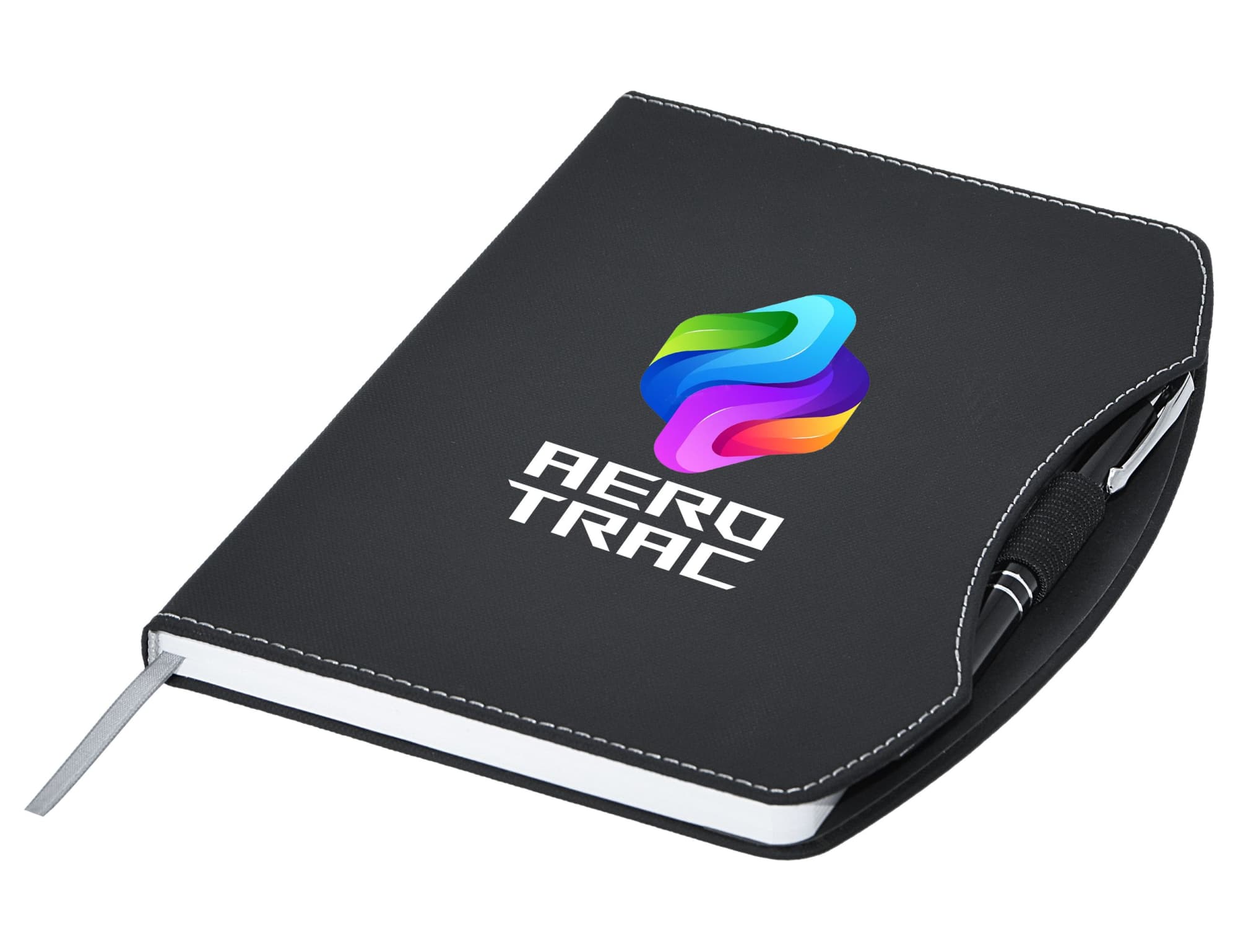 A black A5 notebook featuring a curved cover and a logo, with a pen attached.