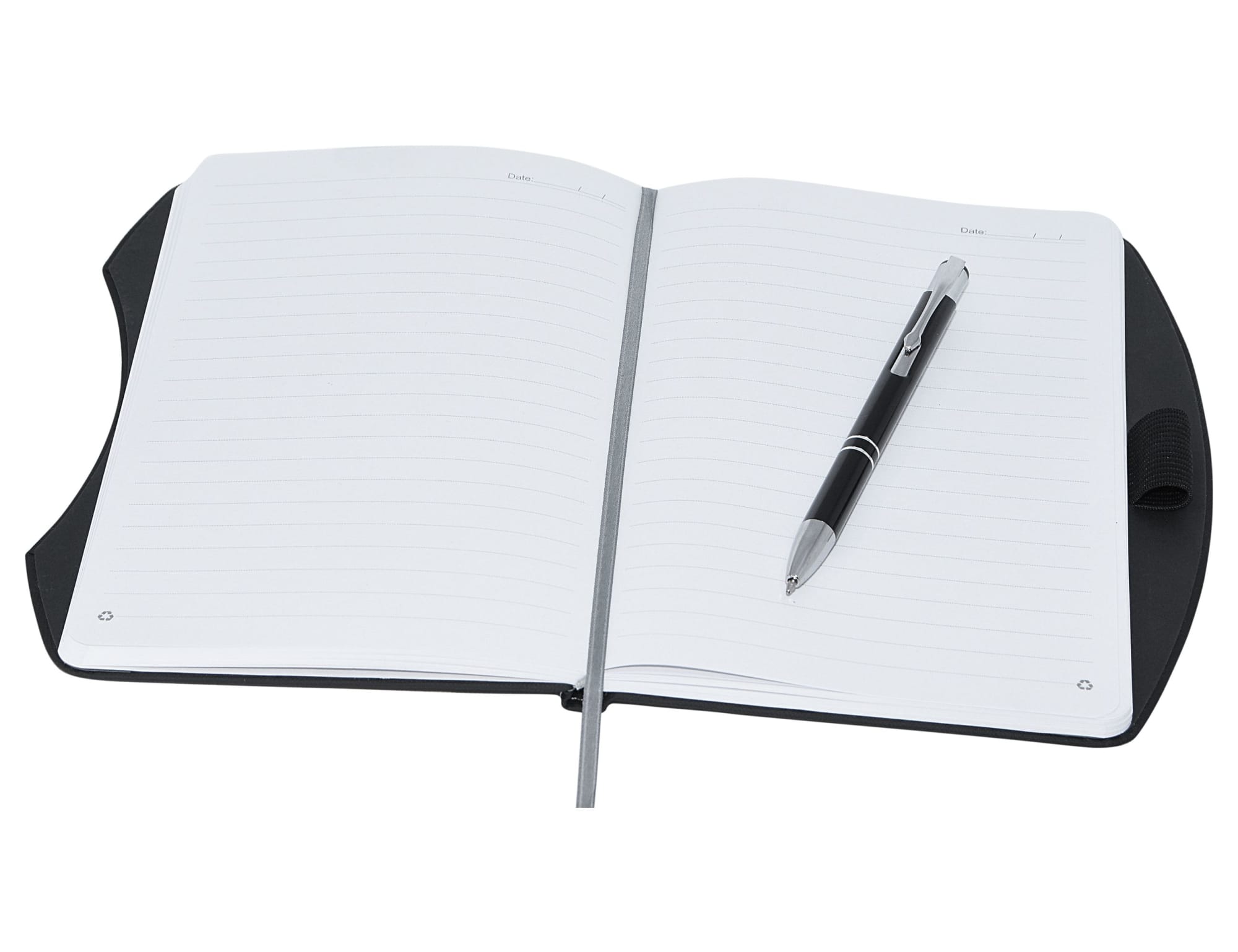 A black rPET A5 notebook with lined pages and a silver pen resting on it. The notebook features a logo.