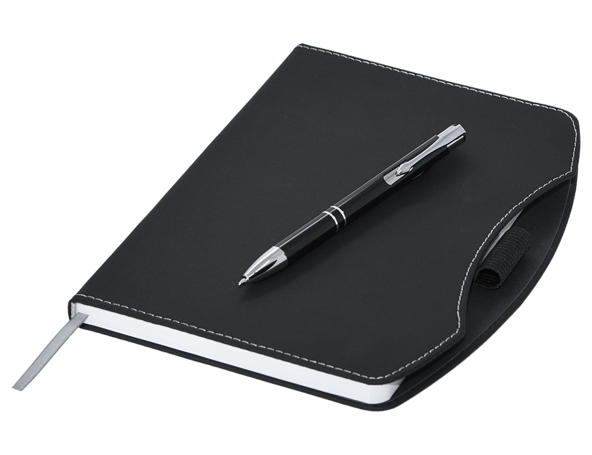 A black A5 notebook with a silver pen resting on top, featuring a simple design and a logo.