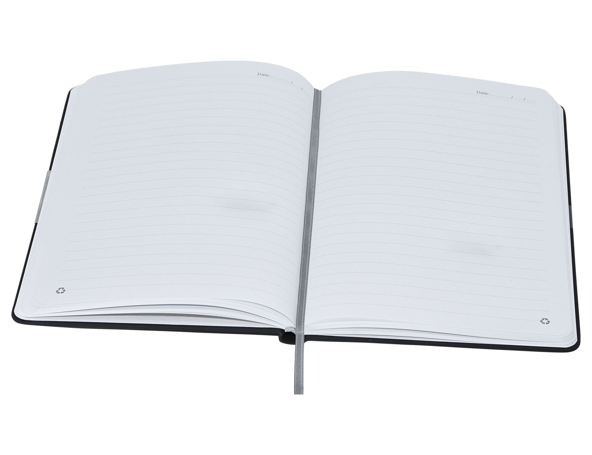 A black A5 notebook with a ribbon marker, featuring lined pages and a simple design.