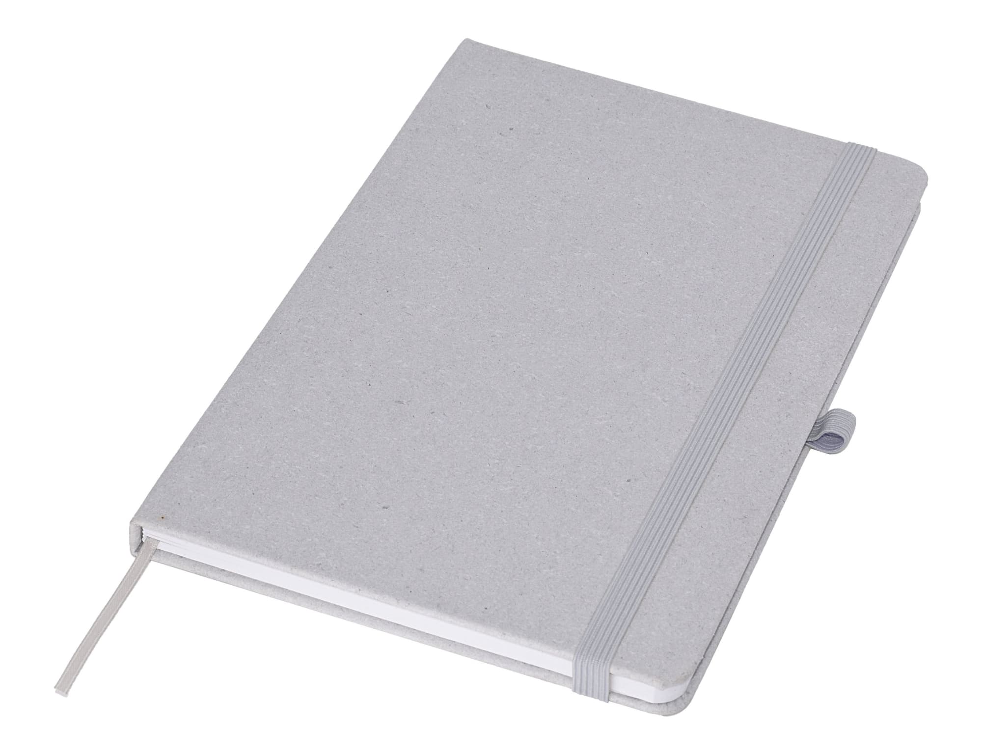 A grey recycled notebook with an elastic band, featuring a bookmark and a subtle logo.