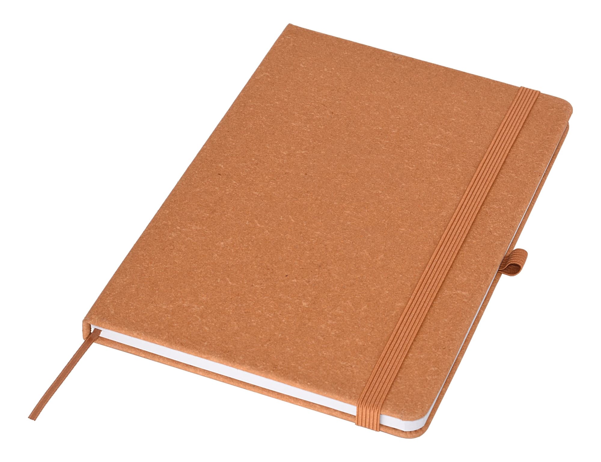 A brown recycled A5 notebook with an elastic band closure and a ribbon bookmark. The cover has a textured finish.