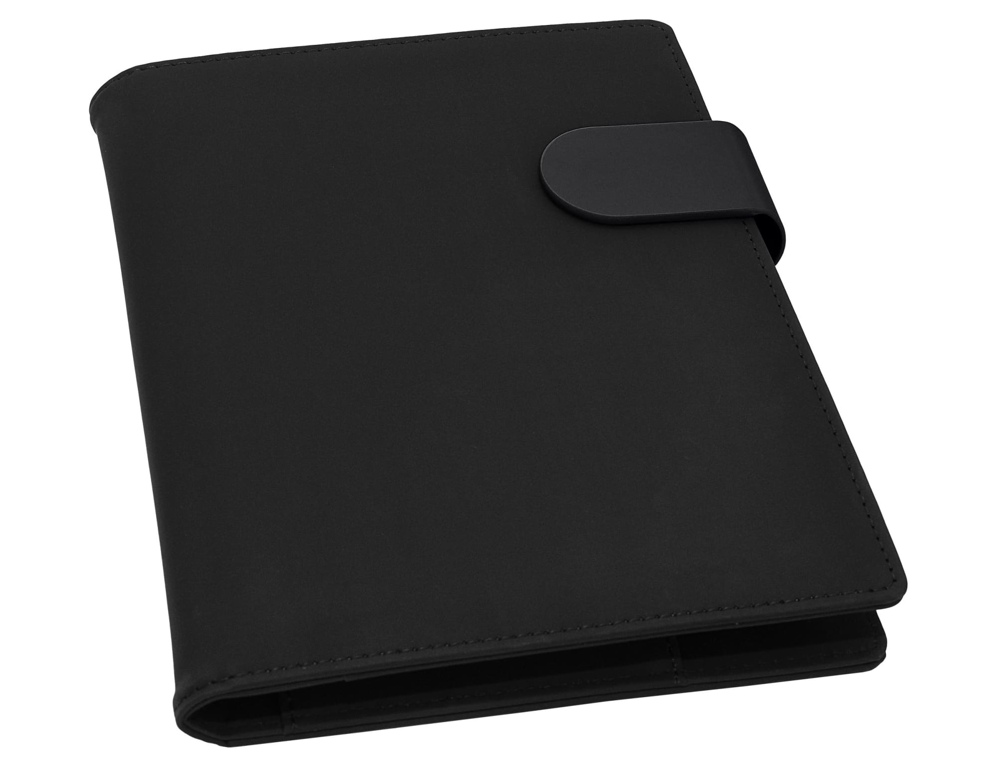 A black A5 portfolio with a smooth finish and a clasp closure. It features a subtle logo on the front.