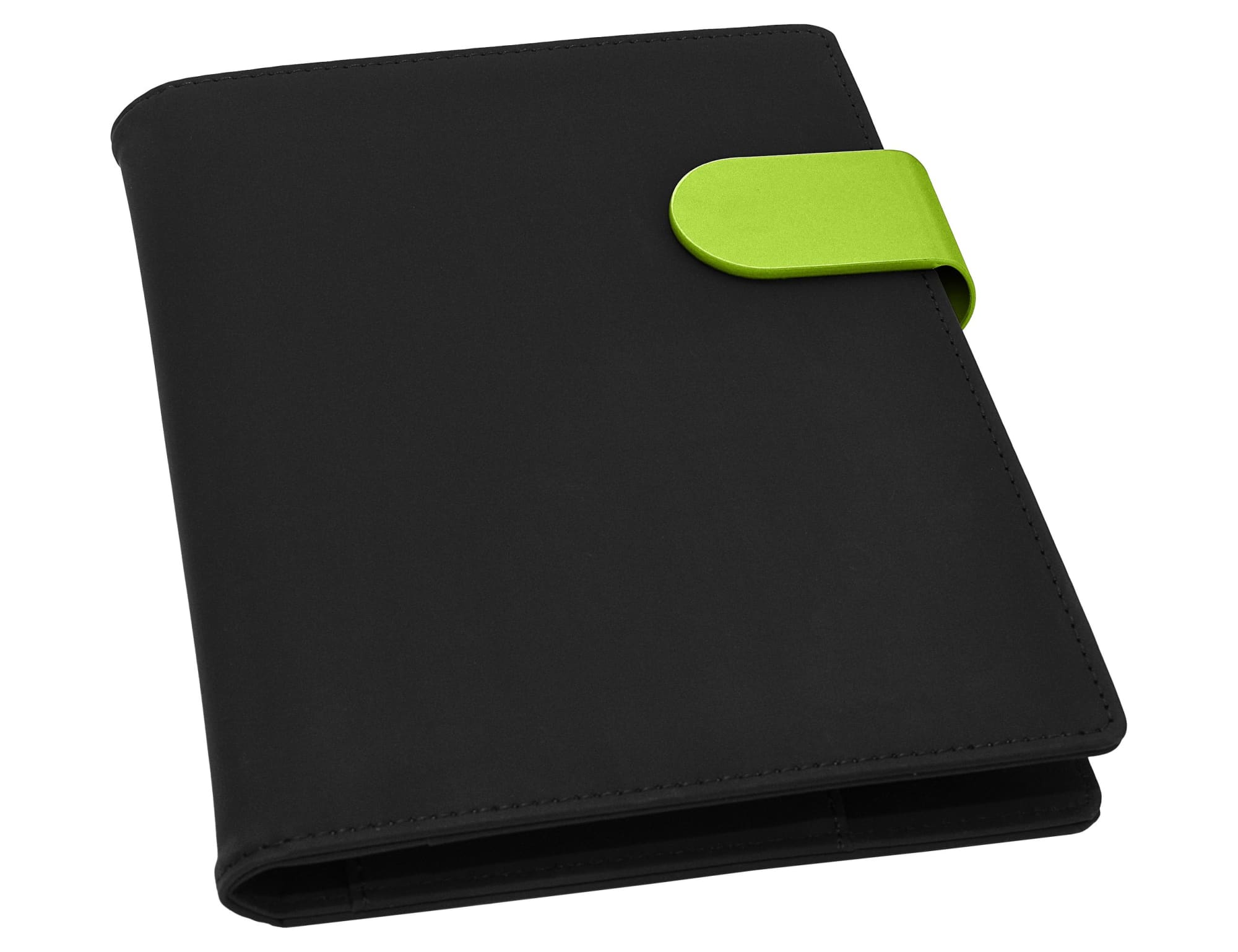 A black portfolio with a vibrant green clasp, featuring a smooth finish and a simple design.