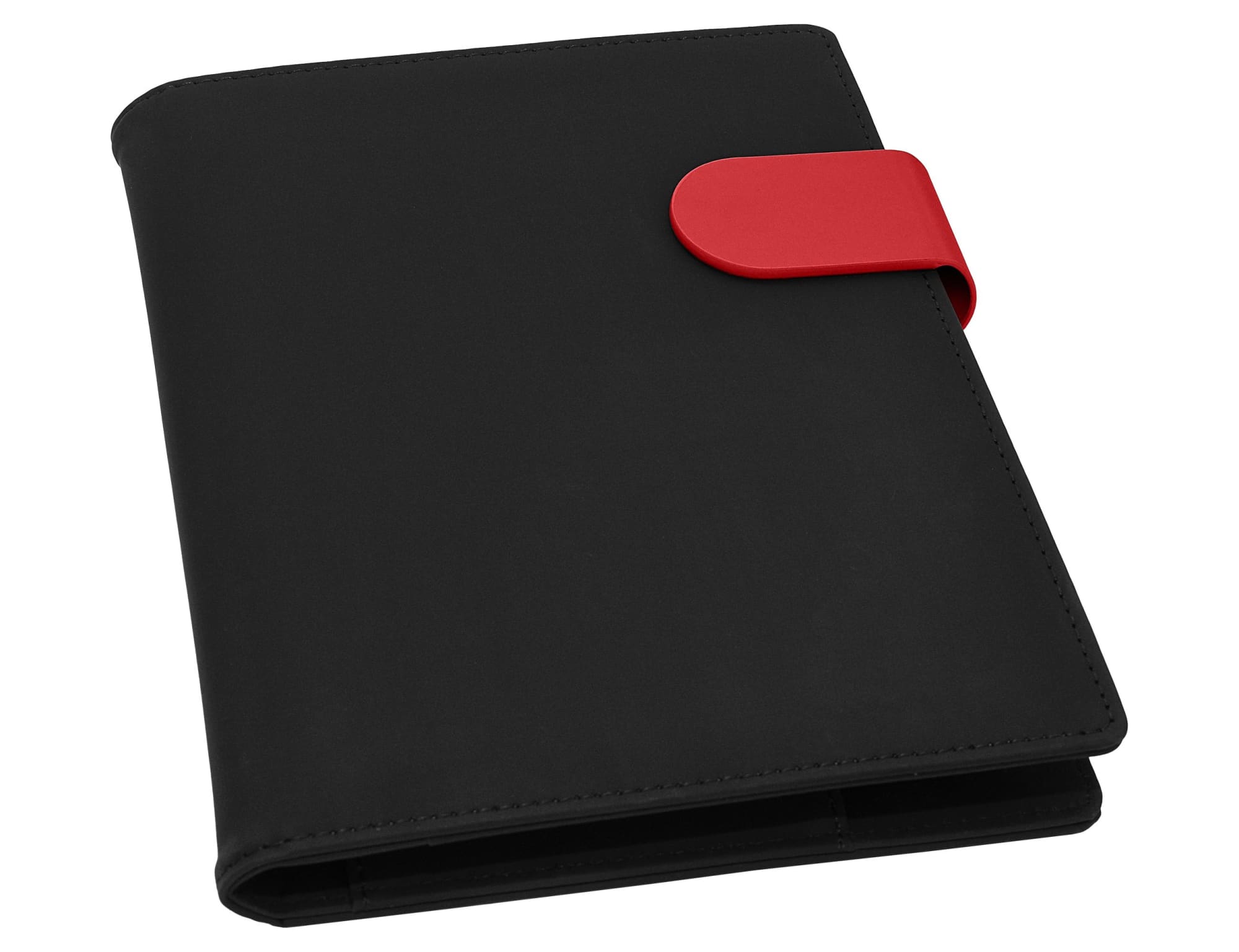 A black portfolio with a contrasting red clasp, featuring a smooth finish and an internal organisational layout.