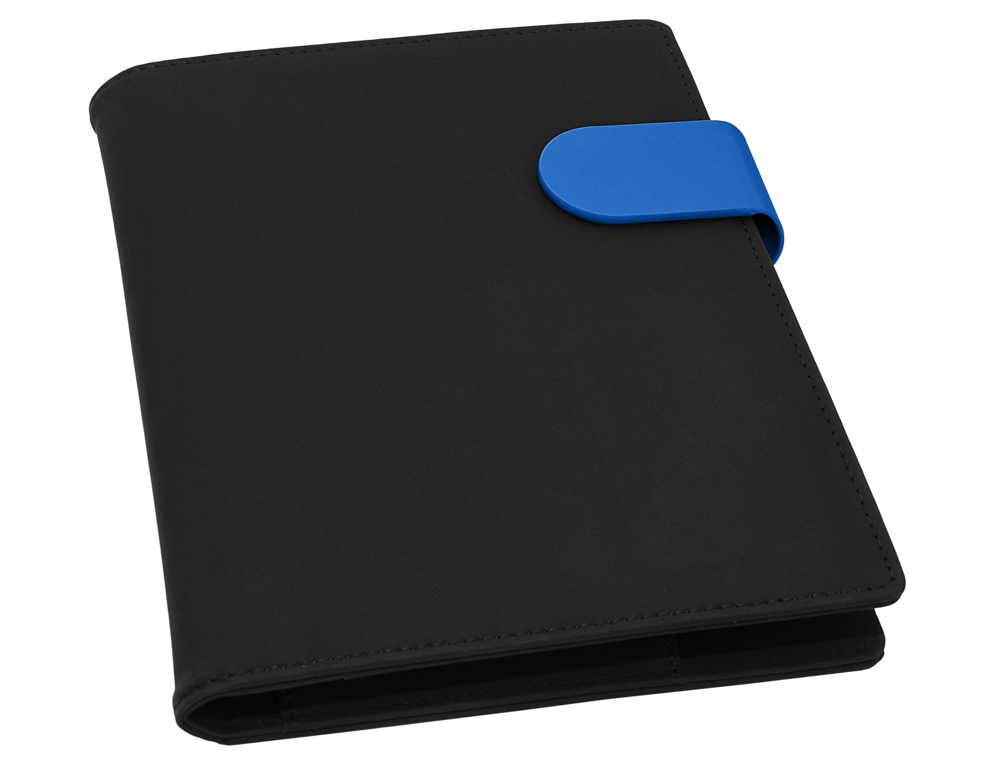 A black portfolio with a blue clasp, suitable for holding documents and notes, featuring a simple and professional design.